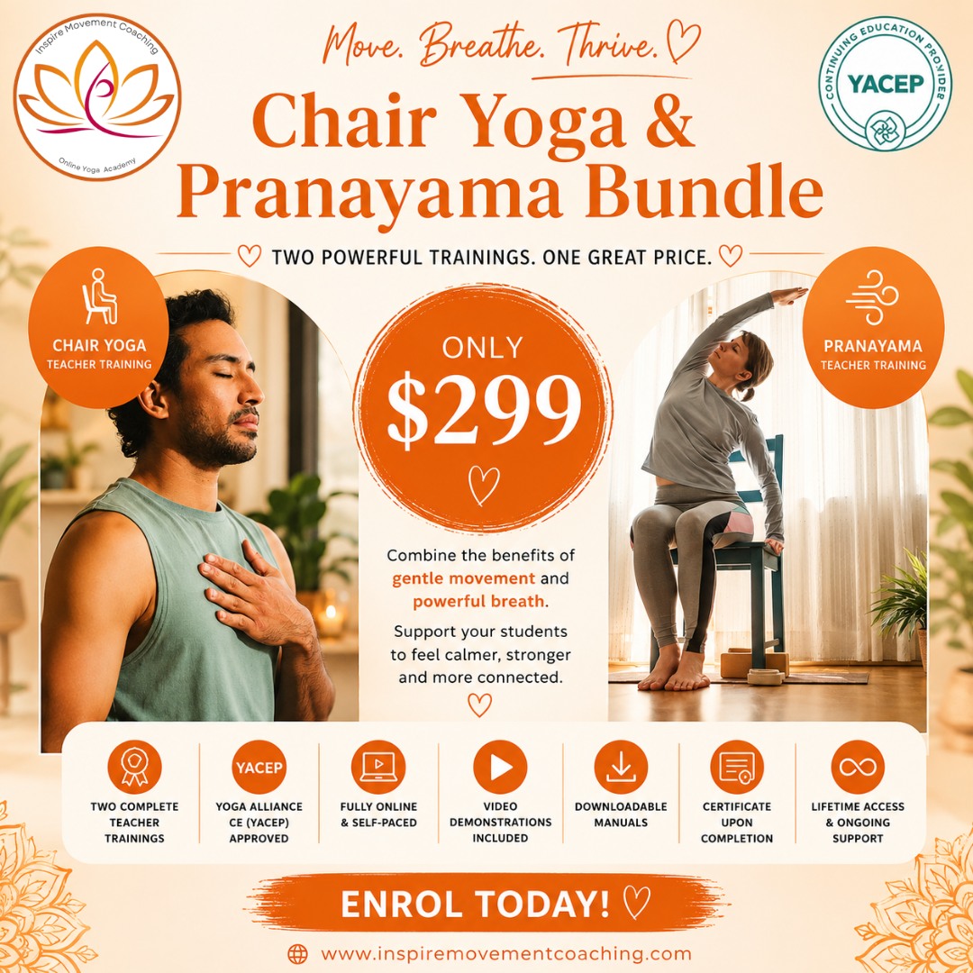 Expand your teaching. Deepen your knowledge. Support more people.
Enrol in our Chair Yoga Teacher Training & Pranayama/Breathwork Bundle for just $299 and save $99!
Our Chair Yoga Teacher Training & Pranayama/Breathwork Bundle gives you the skills and confidence to guide accessible movement and powerful breathing practices that can make a meaningful difference in people's lives.
Whether you're a yoga teacher, health professional, wellbeing coach, or simply passionate about helping others, this flexible online bundle allows you to study whenever and wherever it suits you.
Included:
Chair Yoga Teacher Training
Pranayama & Breathwork Teacher Training
100% online and self-paced
Yoga Alliance Continuing Education (YACEP) accredited
One-time payment for both courses
Video demonstrations and downloadable manuals
Certificate upon completion
Start anytime. Study at your own pace. Build skills that can support wellbeing for years to come.
Enrol now:
https://www.inspiremovementcoaching.com/checkout?checkoutId=ca727402-6a36-414e-a914-1910790bec66&disableContinueShopping=true
Learn more at:
www.inspiremovementcoaching.com
#ChairYoga #ChairYogaTeacher #Breathwork #Pranayama #YogaTeacher #YogaAlliance #ContinuingEducation #WellbeingCoach #OnlineLearning #YogaTraining #MindBodyWellness #InspireMovementCoaching