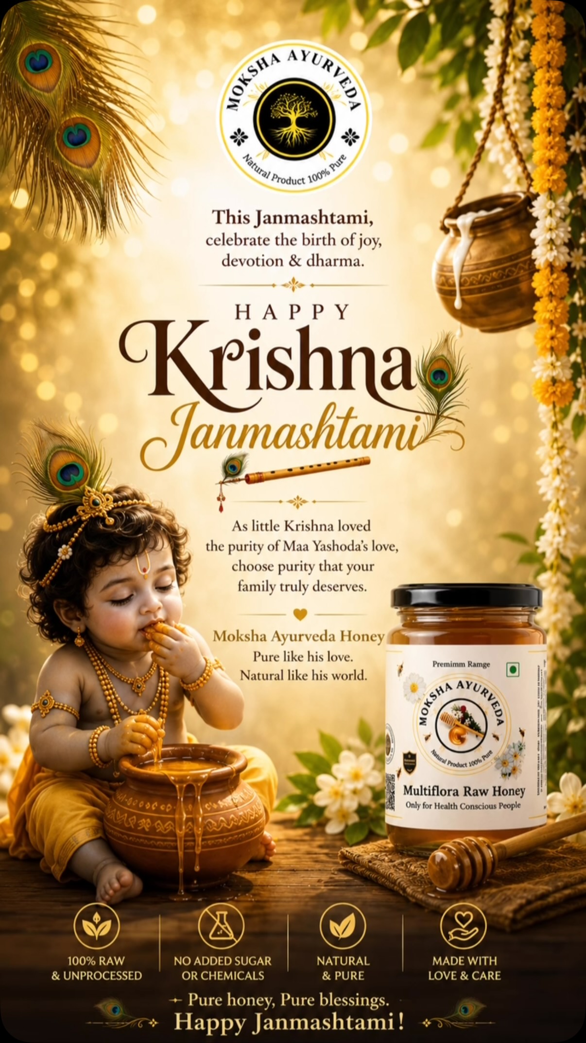 Celebrating the birth of Lord Krishna with love, devotion & purity. 💛
May this Janmashtami bring happiness, health, and prosperity to every home. 🙏🏻
Pure Honey. Pure Blessings.
Happy Krishna Janmashtami! 🦚💛
#KrishnaJanmashtami #Janmashtami #PureHoney #RawHoney #happyjanmashtam2026