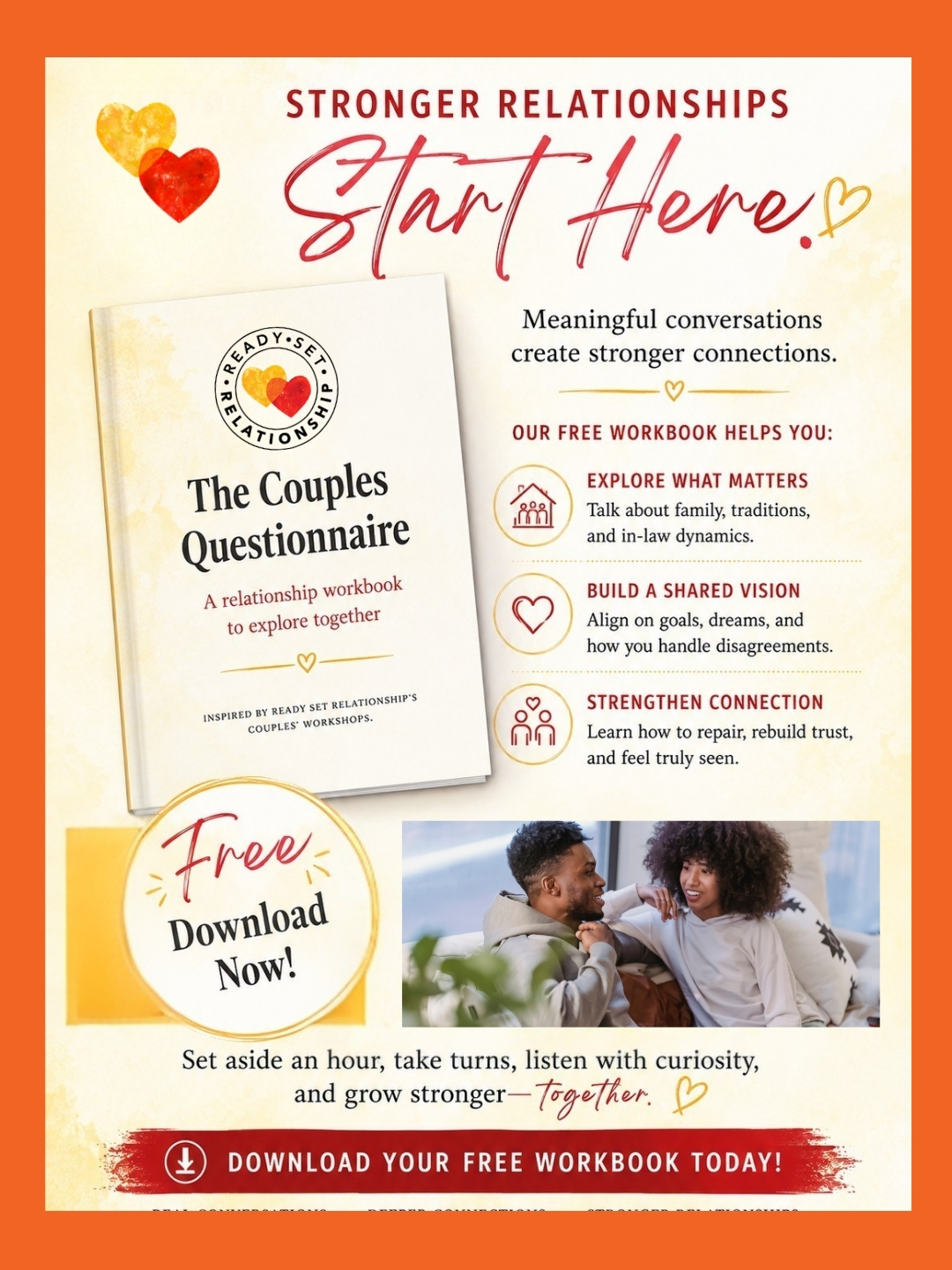 What’s one conversation you and your partner have been meaning to have…but somehow never quite get around to? ❤️
Sometimes strengthening a relationship starts with simply making the time to ask better questions and really listen to the answers.
Our FREE Couples Questionnaire gives you conversation starters designed to help you explore family and traditions, talk about the future you’re building together, navigate disagreements, and better understand what helps each of you feel heard and connected.
Set aside an hour. Put away the phones. Take turns asking and answering.
You may be surprised by what you learn about the person you thought you already knew everything about.
💗 Download The Couples Questionnaire FREE:
https://www.readysetrelationship.com/free-workbook
Tag the person you’d like to set aside an hour with.
#RelationshipAdvice #HealthyRelationships #MarriageTips