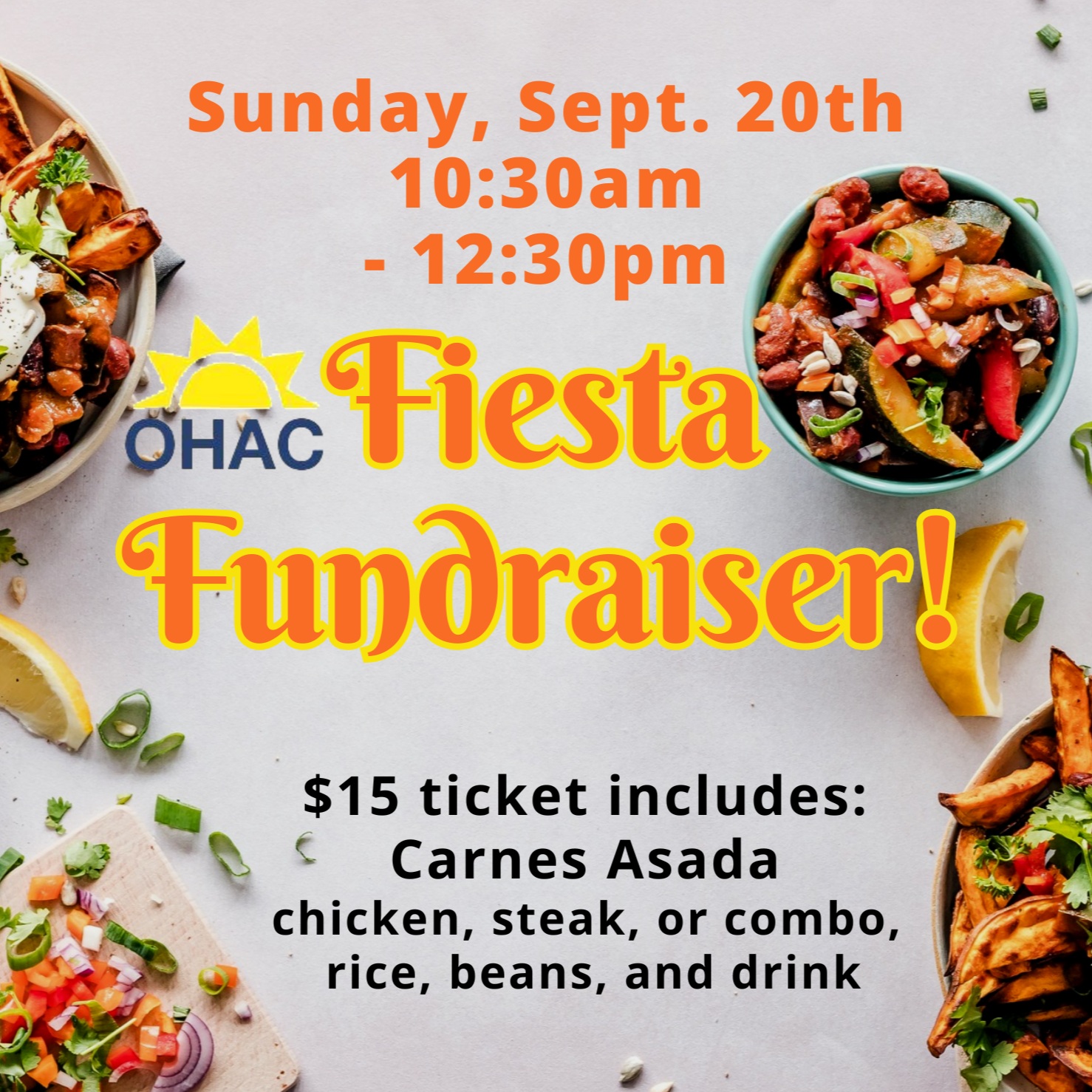Fiesta Fundraiser is BACK!!!! We can't wait to eat delicious food cooked on site by our OHAC parents! Meals are only $15 and include steak, chicken, or combo, rice, beans, and drink. Click HERE to get your tickets before we sell out! https://buytickets.at/orchardhillsachievementcenterinc/2397224