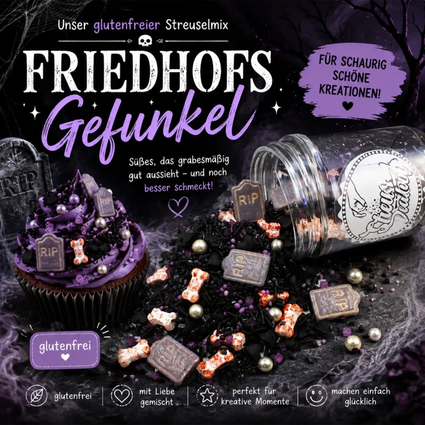 💀✨ FriedhofsGefunkel – für alle, die es gerne schaurig-schön mögen! 🖤
Wenn Grabsteine auf Cupcakes landen, Knochen funkeln und schwarze & lilafarbene Streusel für ordentlich Halloween-Vibes sorgen, dann kann es nur FriedhofsGefunkel sein. 👻🪦✨
Unser glutenfreier Streuselmix bringt das perfekte bisschen Grusel auf deine Halloween-Kreationen – ob Cupcakes, Torten, Cakepops oder Kekse. 🎃🧁
Schaurig. Funkelnd. Einfach zum Anbeißen. 😈💜
#StreuselDealer #FriedhofsGefunkel #glutenfrei #HalloweenBacken #HalloweenKreationen