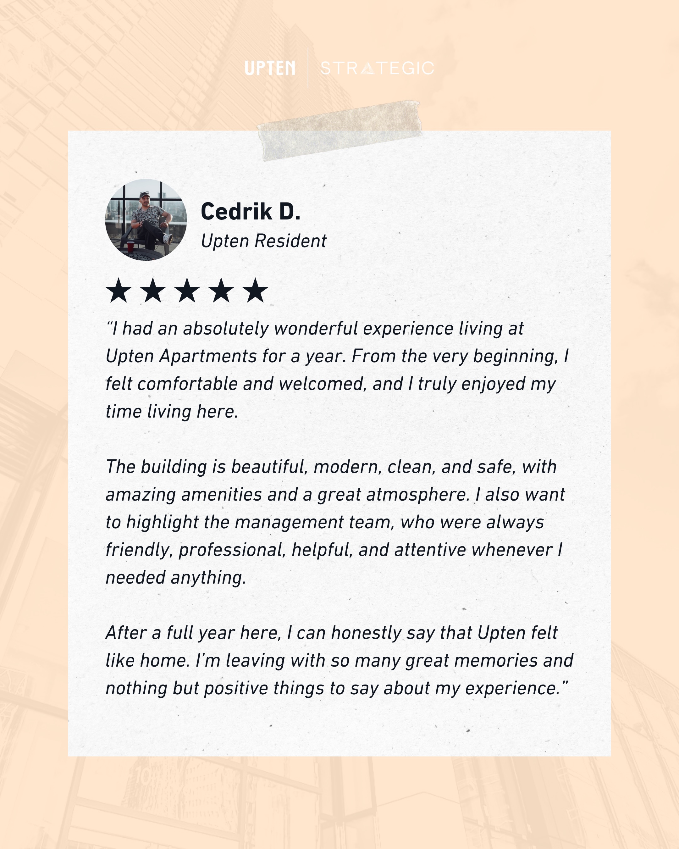 Thank you for the kind words Cedrik.
We’re so glad Upten felt like home and that your year here was filled with great memories. It was a pleasure having you as part of our community, and we’re grateful you chose Upten.
We’ll miss you and wish you all the best in whatever comes next. 💛
The Upten Team
#UptenApartments #CalgaryLiving #ApartmentLiving #BeltlineYYC #CommunityFeelsLikeHome