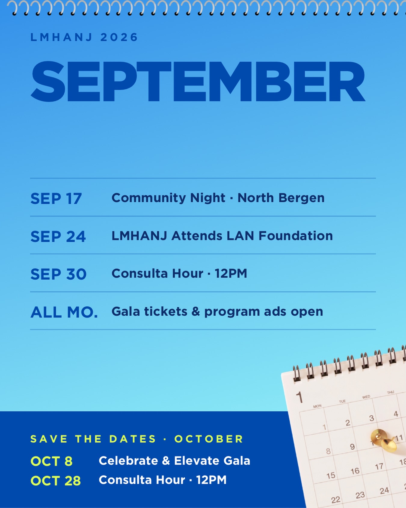September is here, and we have a lot happening at LMHANJ.
From building community with fellow Latinx mental health professionals to connecting with partners and continuing our monthly Consulta Hour, there are plenty of ways to stay connected this month.
📍 SEP 17 — Community Night · North Bergen
🤝 SEP 24 — LMHANJ Attends LAN Foundation
💬 SEP 30 — Consulta Hour · 12 PM
And all month long: Gala tickets & program ads are open!
Looking ahead to October:
✨ OCT 8 — Celebrate & Elevate Gala
💬 OCT 28 — Consulta Hour · 12 PM
Save the dates, stay connected, and join us this fall!
#lmhanj #lmhanjevents #latinxmentalhealth