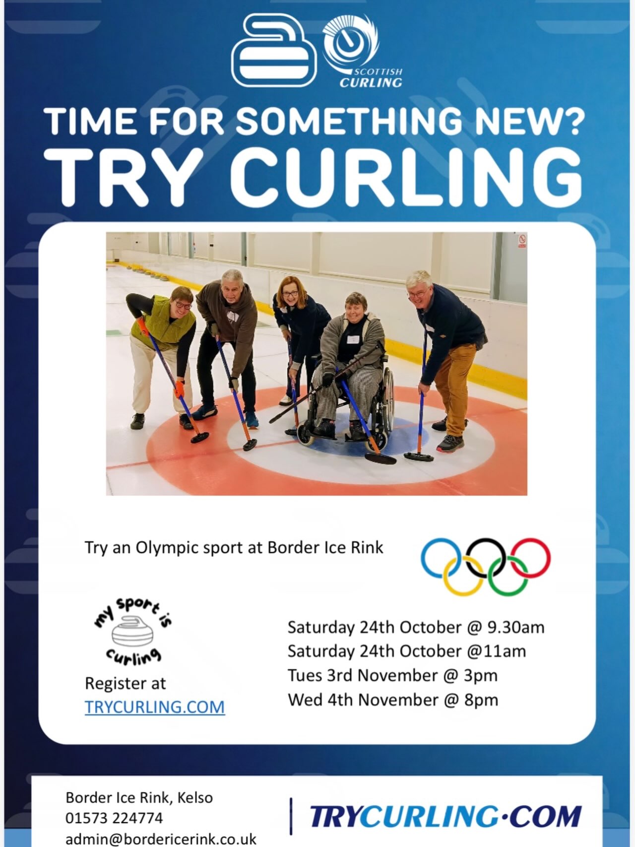 🥌 TIME FOR SOMETHING NEW? TRY CURLING! 🥌
Ever fancied trying an Olympic sport? Why not come along and Try Curling at Border Ice Rink, Kelso! 🥌
Curling is great fun, suitable for beginners and a fantastic way to try something completely different. No experience necessary!
📅 Upcoming Try Curling sessions:
🗓️ Saturday 24th October – 9.30am
🗓️ Saturday 24th October – 11am
🗓️ Tuesday 3rd November – 3pm
🗓️ Wednesday 4th November – 8pm
👉 Register/sign up at: www.trycurling.com
📍 Border Ice Rink, Kelso
📧 admin@bordericerink.co.uk
Come along, have a go and discover why curling is such a brilliant sport! 🥌❤️
Why not give it a try? 😊
#bordericerink #curling #scottishcurling #kelso #sport