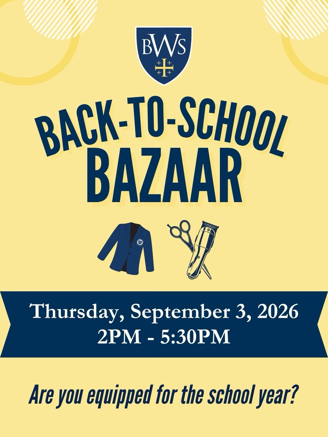 🎒Today is the day! Join us for our Back-to-School Bazaar from 2:00–5:30 PM as we get ready for an exciting new school year!
🛍️ Our School Store will also be OPEN! Families can purchase PE uniforms and BWS school merch online for the year ahead.
We can’t wait to welcome our BWS families back to campus! 👑📚