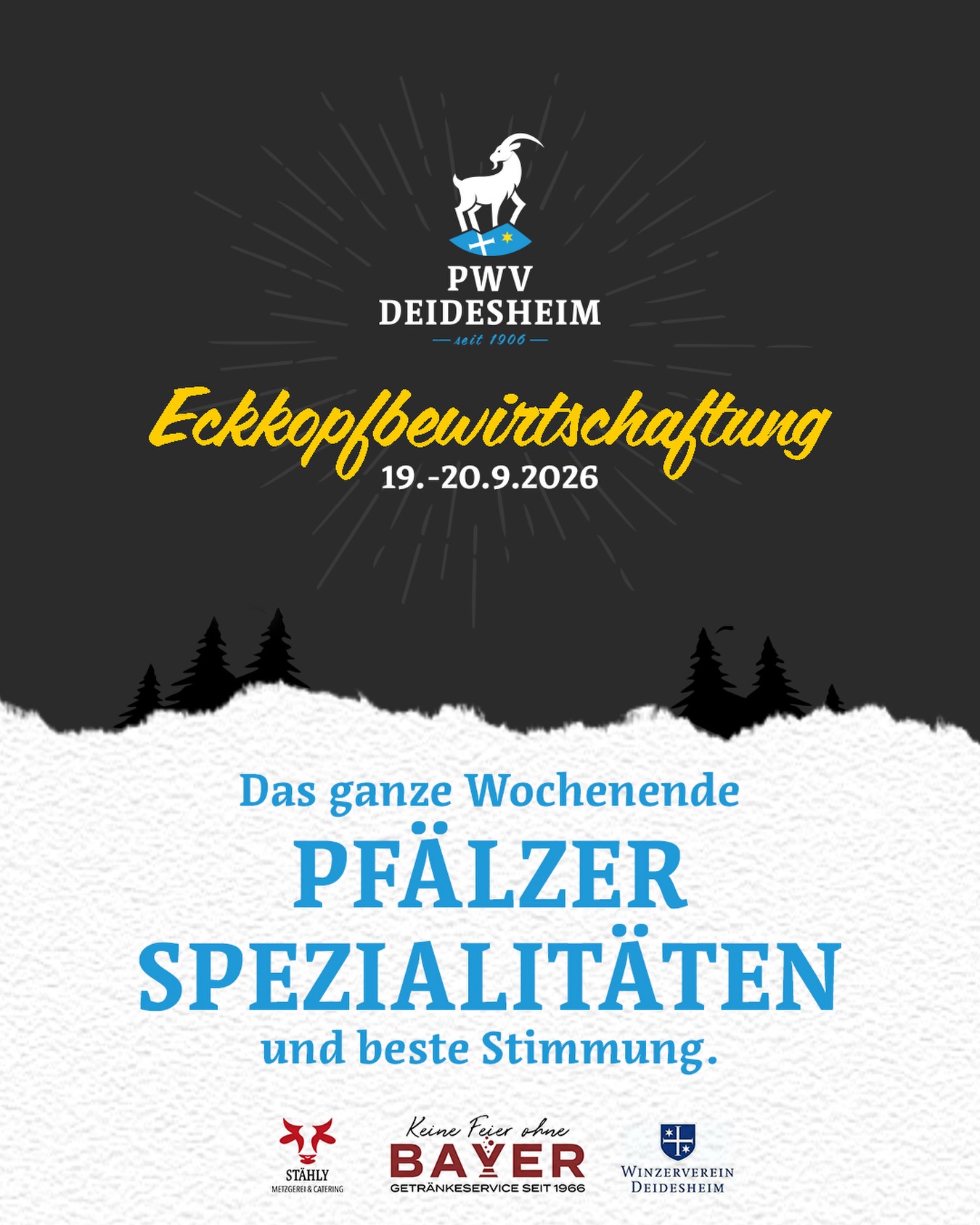Die Eckkopfbewirtschaftung steht wieder an!
Am 19. & 20. September 2026 versorgen wir euch auf dem Eckkopf mit Pfälzer Spezialitäten, kühlen Getränken und bester Stimmung. 🍷🌭
Kommt vorbei, genießt die Aussicht und verbringt ein paar schöne Stunden mit uns!
#PWVDeidesheim #Eckkopf #Pfälzerwald #Deidesheim #pfalz
