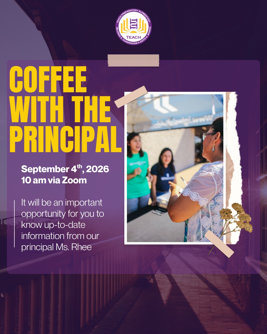 ☀️ Good morning, TEACH Prep families!
We’re excited to invite you to our first Coffee with the Principal of the new school year! ☕️🍎
📅 Tomorrow, September 4
⏰ 10:00 AM
💻 Via Zoom
Join us for an important opportunity to hear the latest updates directly from our principal, Ms. Rhee. There will be plenty of important information to share, and we hope you can join us virtually!
🔗 We’ll be sharing the Zoom link soon. Stay tuned!
Have a wonderful day, TEACH Prep families!
#TEACHPrep #CoffeeWithThePrincipal #TEACHPrepFamilies #SchoolCommunity #BackToSchool