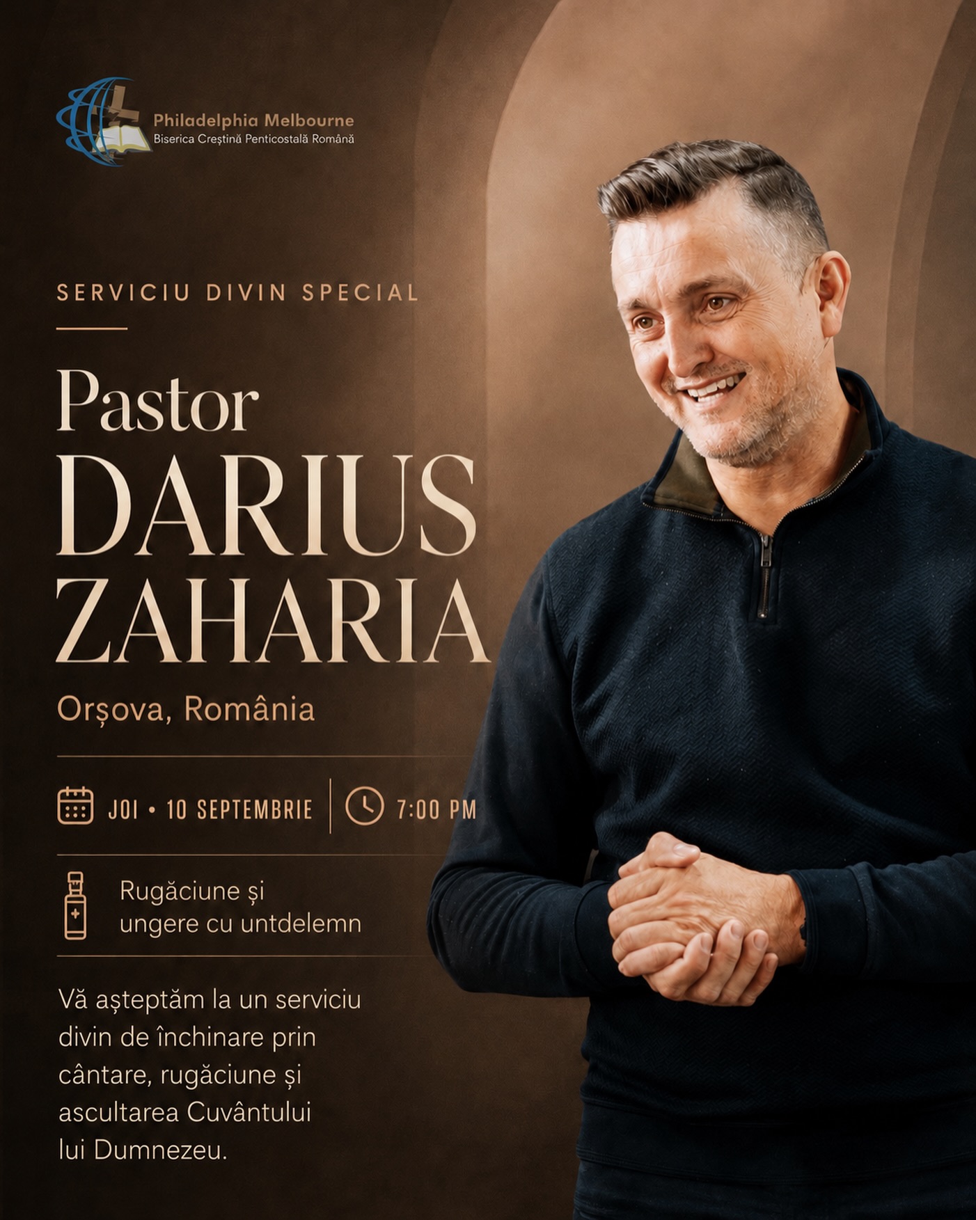 O seară în care ne oprim din ritmul săptămânii și ne adunăm împreună înaintea lui Dumnezeu. 🙏
Te așteptăm cu drag la Philadelphia Melbourne, alături de Pastor Darius Zaharia.
Vino și adu pe cineva cu tine