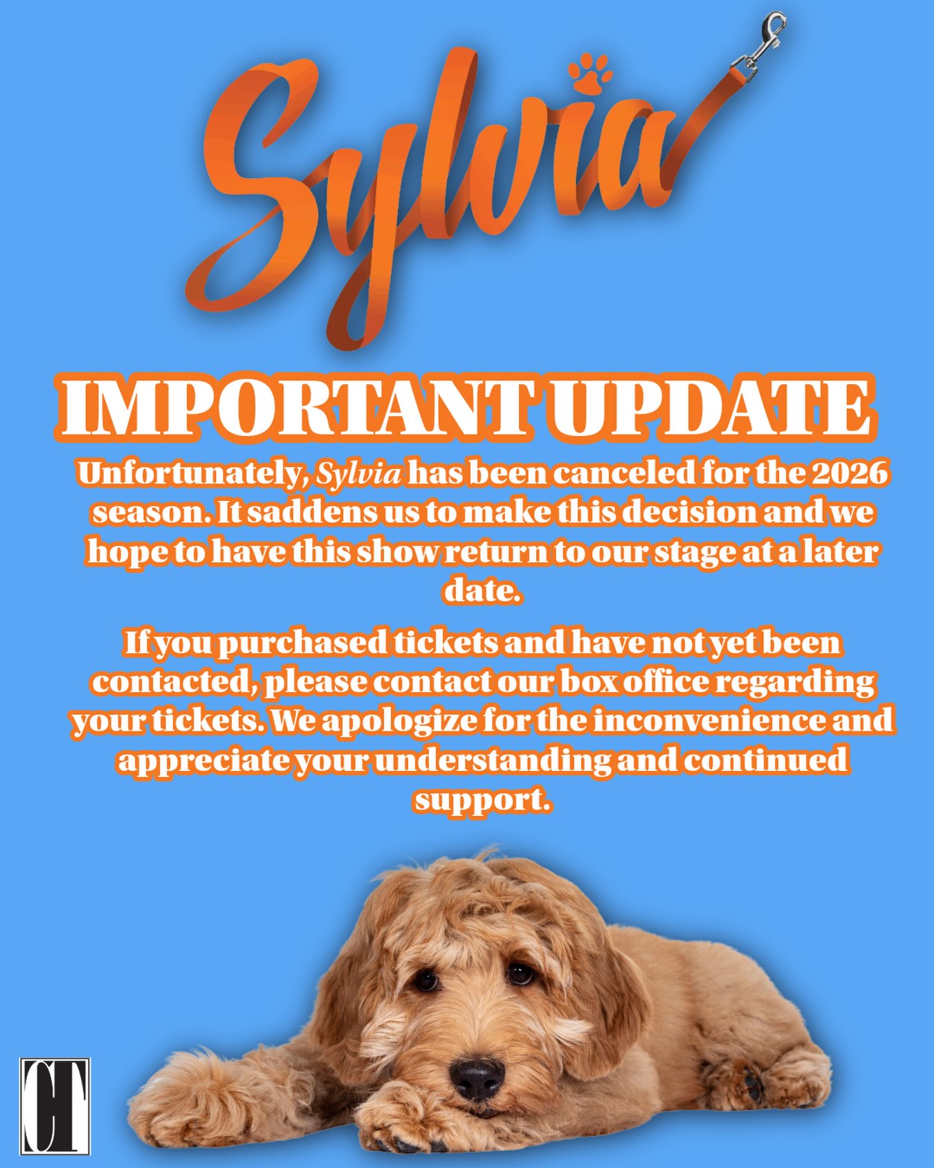 UPDATE: SYLVIA
After careful consideration and every effort to make it work, we are saddened to announce that Sylvia will no longer be part of Cumberland Theatre’s 2026 season.
This was not a decision we made lightly. We are disappointed that we will not be able to bring this production to our stage at this time, and we sincerely hope to revisit Sylvia in a future season when the circumstances allow us to give the production the attention it deserves.
If you currently hold tickets for Sylvia and have not yet been contacted by our Front of House team, please contact our Box Office to discuss your ticketing options.
We sincerely apologize for any inconvenience this change may cause and are incredibly grateful for your patience, understanding, and continued support of Cumberland Theatre. Your support means everything to us, especially when difficult decisions like this have to be made.
Thank you!
#CumberlandTheatre #Theatre