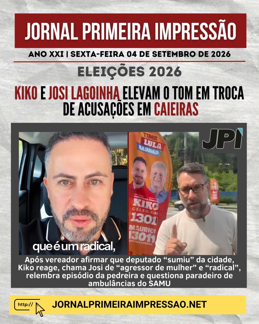A campanha eleitoral esquenta em Caieiras após Josi Lagoinha criticar Kiko Celeguim. Deputado reage, faz acusações contra o vereador, relembra a polêmica da pedreira e cobra explicações sobre ambulâncias do SAMU.
Para ler essa e outras notícias, acesse o site o Jornal Primeira Impressão.
