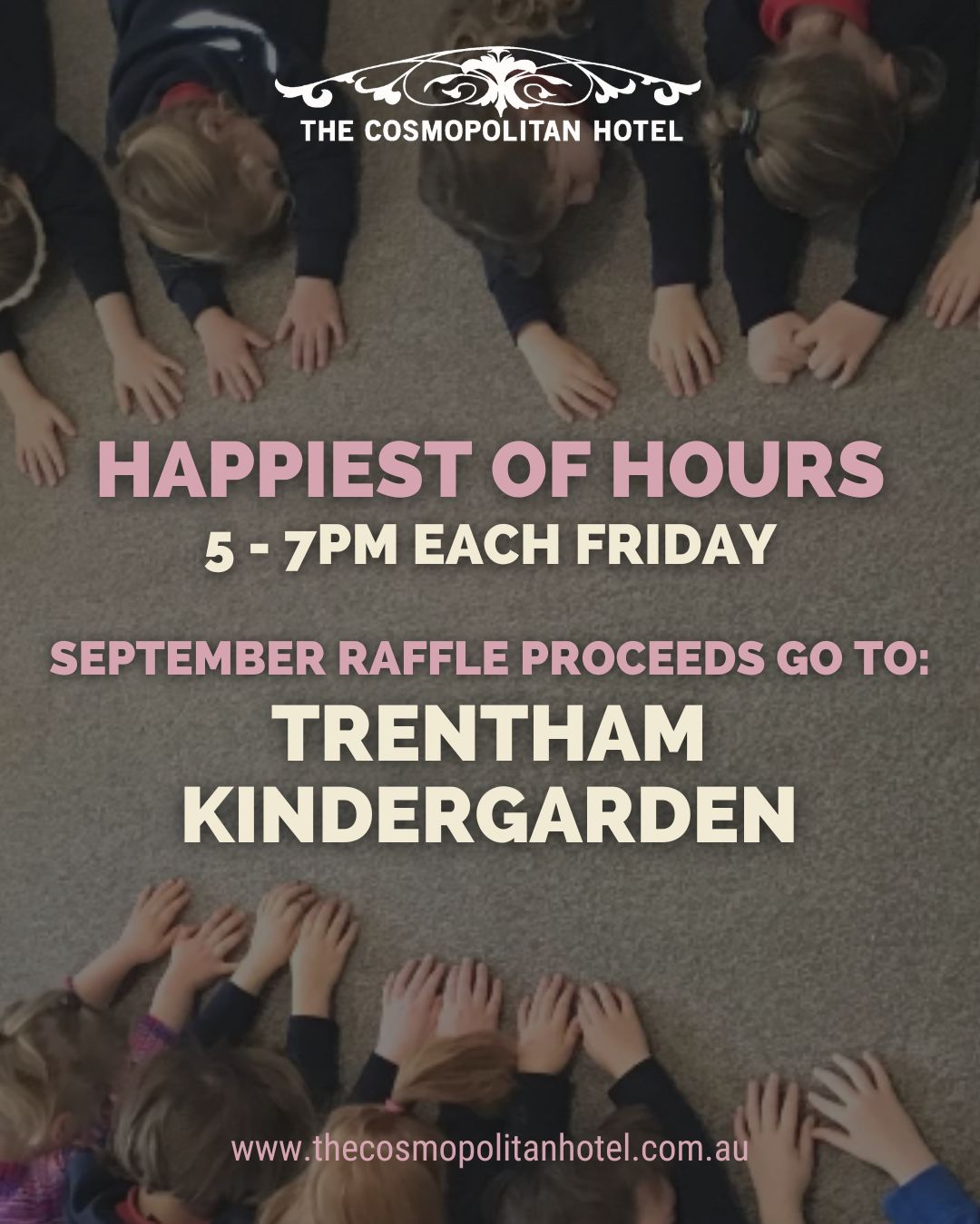 Happiest of Hours runs every Friday, 5-7pm.
Trentham Kindergarten are this month’s raffle recipients, so grab some tickets and back the littlest, cutest members of our community.
#trentham #happyhour #macedonranges