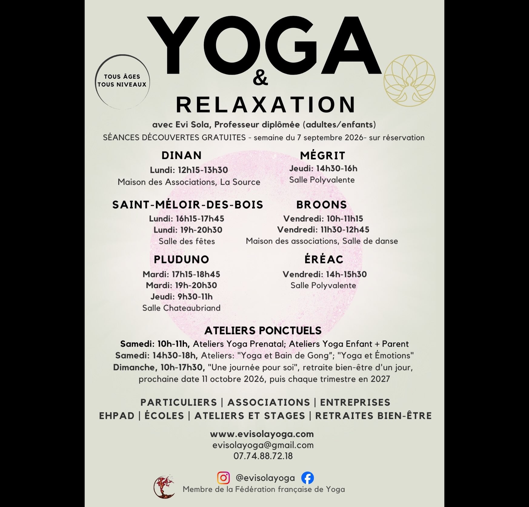 Planning -cours de yoga hebdomadaires 2026/2027. C’est la rentrée = Reprise du Yoga ! I can’t wait to be back teaching ;) Au plaisir de vous revoir/ rencontrer!
Vous souhaitez vous inscrire pour une séance découverte et/ou pour les cours ? N’hésitez pas à le faire par mail evisolayoga@gmail.com ou au 07.74.88.72.18.