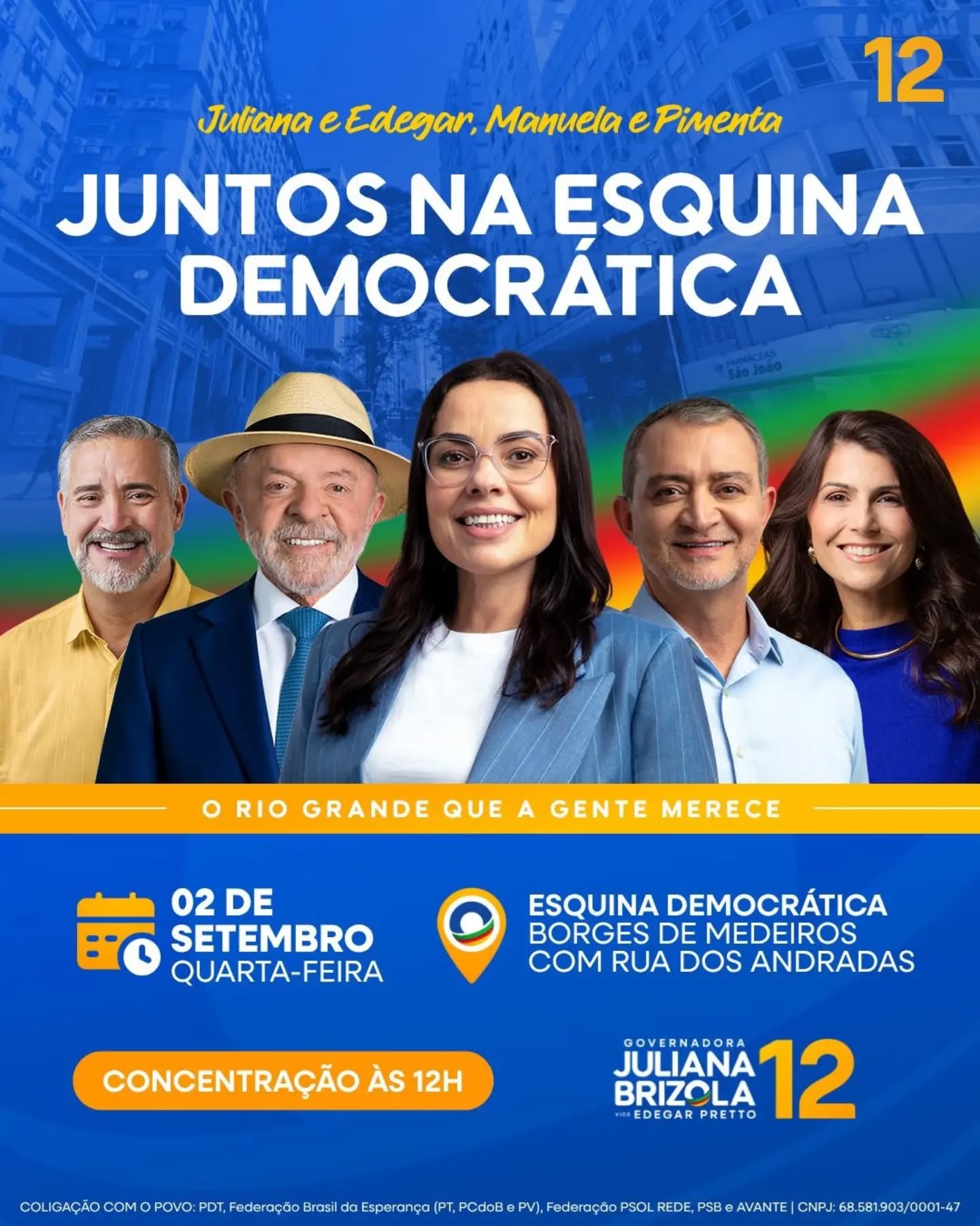 Amanhã a esquina é nossa novamente, desde cedo termos nossas barracas e distribuição de material. E ao meio-dia nossos candidatos Juliana Brizola e Edegar, Manu e Pimenta estarão por lá, conversando com a população de Porto Alegre e passando nosso recado.