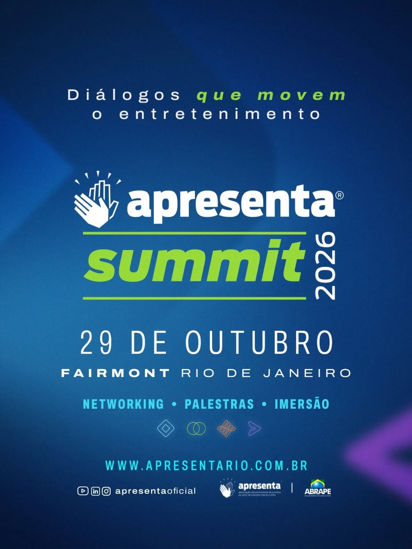 Um encontro para quem faz o entretenimento acontecer.
O Apresenta Summit 2026 chega para reunir diferentes perspectivas e colocar em pauta os desafios, as oportunidades e as transformações que atravessam o setor.
Empresas, profissionais, produtores, gestores e representantes estarão juntos para trocar experiências, construir conexões e fortalecer o diálogo entre os principais players que movem o entretenimento.
⚡O próximo capítulo começa aqui. Acompanhe a APRESENTA e prepare-se para o que vem por aí!
🎟️ Ingressos disponíveis para associados a partir do dia 09/09. Para não associados, informações em breve.
_
Apresenta Summit 2026
🗓️Quinta, 29 de outubro
📍Fairmont - Rio de Janeiro, Copacabana