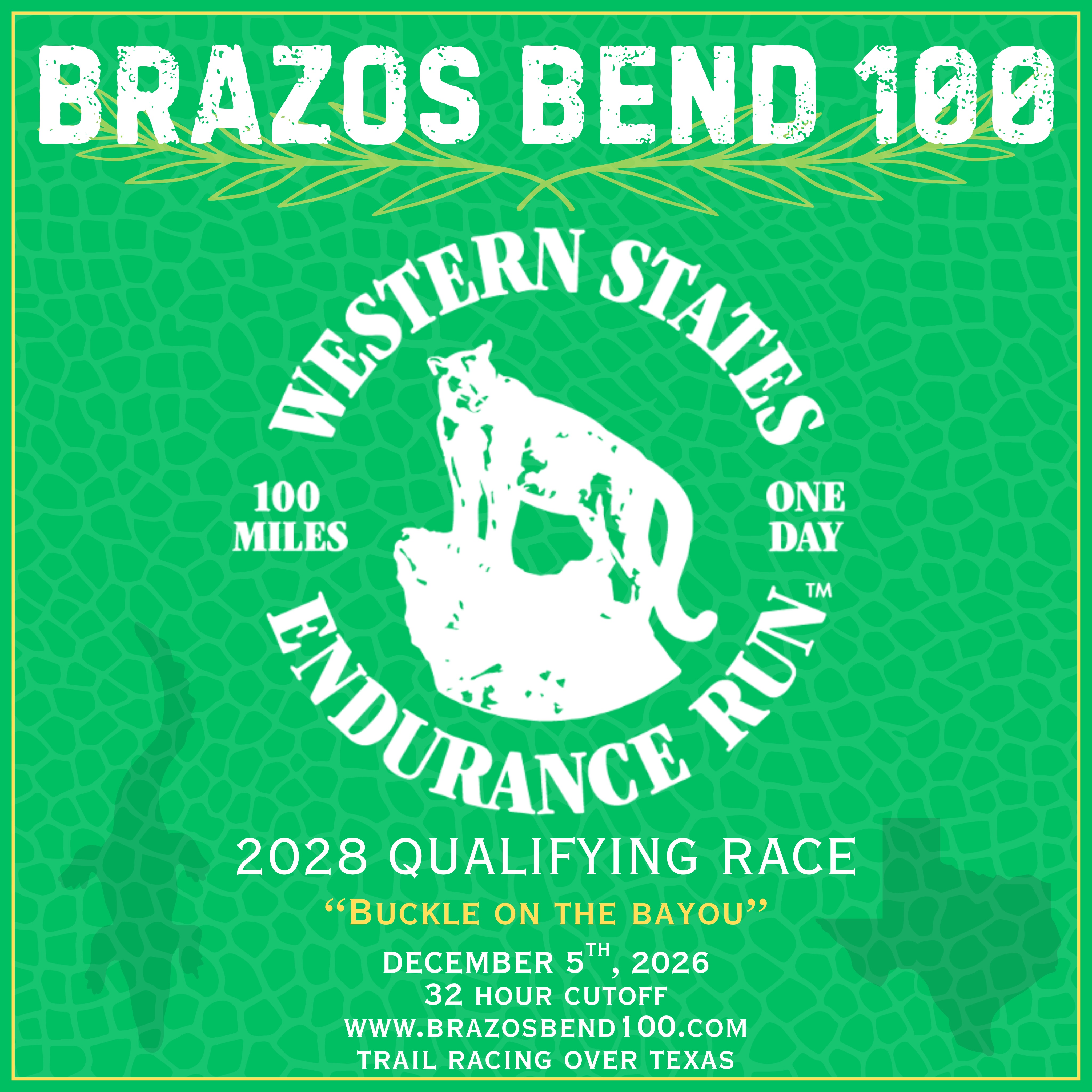 “Buckle on the Bayou” and earn a Western States 100 qualifier 🐊
The BB100 2026 race has officially been selected as a qualifying race for the 2028 Western States 100.
Complete the 100-mile race within 32 hours to earn your Western States lottery qualification—no additional submission required.
Brazos Bend sent 119 runners to the qualifier list in 2024 and another 133 in 2025. Will you add your name in 2026?
The Western States qualifying period runs from November 9, 2026, through November 7, 2027, with the lottery held December 4, 2027.
We will also be live streaming the 2027 lottery draw on race day, we’ve had quite a few runners over the years find out they were selected from previous BB100 qualifiers while on the course!
Join us for the December edition of our popular Brazos Bend races and take on the marquee 100-mile challenge!
🏁 December 5, 2026
📍 Brazos Bend State Park
🎟️ Western States qualifier: Sub-32-hour 100-mile finish
Get Off the Road and start your journey toward Western States! 🌲🐊
WWW.BRAZOSBEND100.COM
Sponsored by: Altra Running & NeverSecond
#BuckleontheBayou #BB100 #WSER @altrarunning @never.second @wser @runsignup @ultrarunningmag