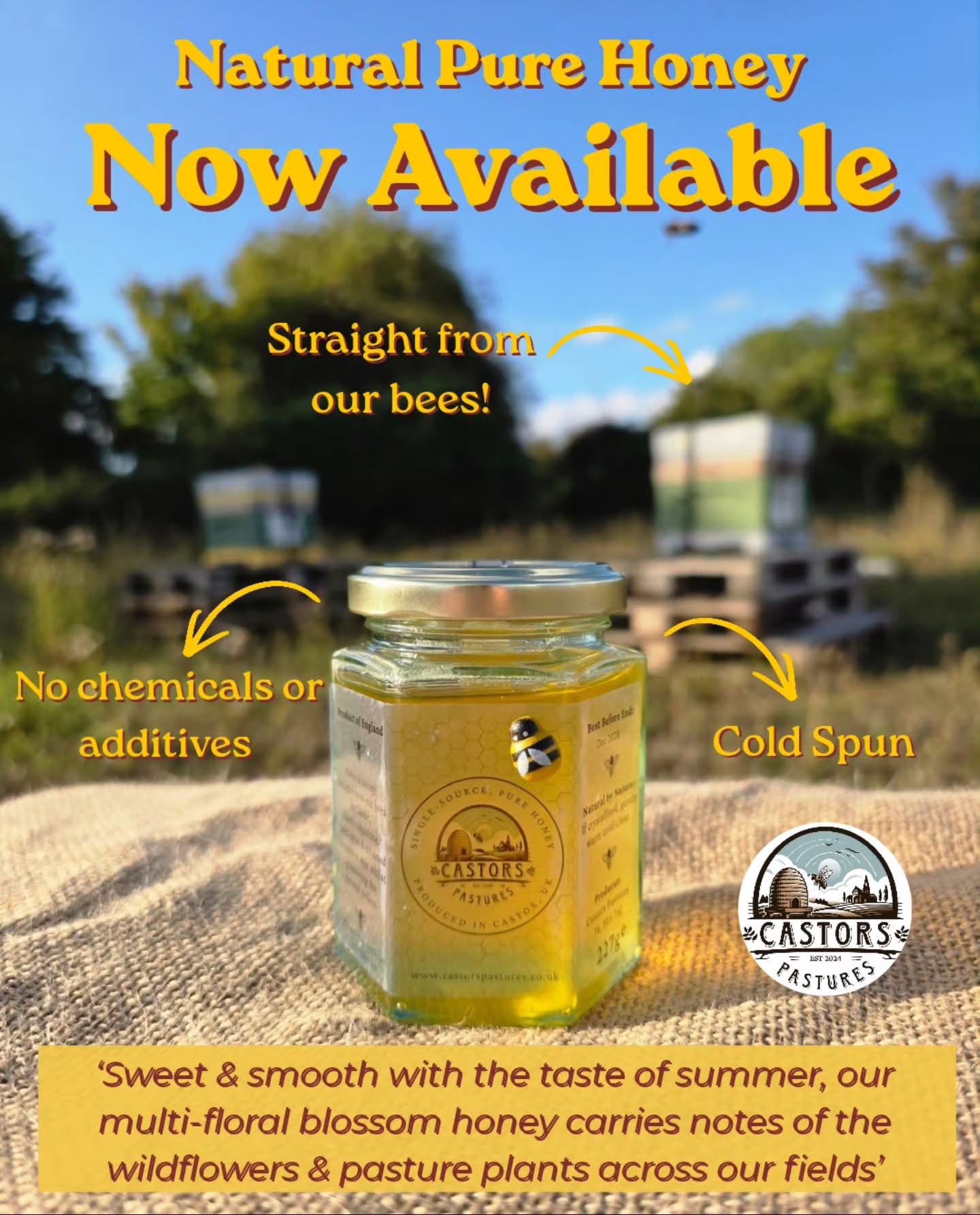 🍯 Natural Pure Honey is HERE! 🐝
We're so excited to finally share this one with you - straight from our own hives here at Castors Pastures, our raw wildflower honey is now live on the website!
Our two hives have been quietly working away across our fields all summer, and the result is a jar of honey that's as pure and natural as it gets.
🌼 Here's what makes it special:
✅ 100% natural - no chemicals or additives
✅ Cold spun, never heated above 40°C, to keep all the natural enzymes & pollen intact
✅ Sweet, smooth, multi-floral flavour with notes of the wildflowers & pasture plants right across our fields
✅ Single source - every jar comes straight from our own bees, nowhere else
No blends. No imports. Just honest, local honey the way nature intended 🍯
🌐 www.castorspastures.co.uk
🚚 FREE local delivery to most PE postcodes (minimum spend applies)
📦 Nationwide delivery available
#localhoney #LocallyGrown #SupportLocalFarms #localrawhoney #ukhoney