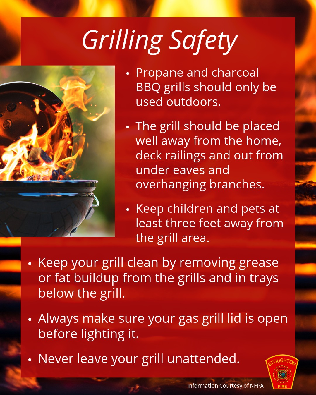 Firing up the grill this weekend? đ„ Keep your cookouts fun and safe by following these simple tips. Always remember to keep your grill outside, clear of overhanging branches, and never leave an open flame unattended. â
â
#SFD #Grilling #Grillingsafety