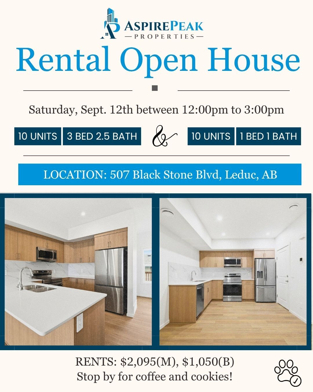 🎉 WE'RE HAVING A RENTAL OPEN HOUSE — AND YOU'RE INVITED! 🎉
📅 Saturday, Sept. 12th | 12:00pm – 3:00pm
📍 507 Black Stone Blvd, Leduc, AB
Come check out 20 BRAND NEW townhome units in Blackstone, Leduc — never lived in, available October 1st! Whether you need space for the whole family or a cozier spot, we've got both. ☕🍪 Stop by for coffee and cookies!
🛋️ MAIN FLOOR UNITS — $2,095/month
🏠 3 bedrooms + 2.5 baths
🚗 Double car garage
🛏️ BASEMENT SUITES — $1,050/month
🏠 1 bedroom + 1 bath
🚗 Street parking
🐾 ALL units are PET FRIENDLY
📍 Blackstone is a newer family-friendly community built around parks, ponds, and walking trails, close to Highway 2 and minutes to Leduc shopping and the airport.
#LeducRentals #BlackstoneLeduc #OpenHouse #NewHome #AspirePeakProperties #PetFriendlyRentals