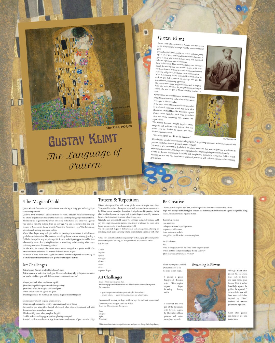 Explore Gustav Klimt and his love of pattern, colour and gold in this creative art resource. Analyse Klimt’s distinctive style, discover the techniques and ideas behind his work, and then create your own Klimt-inspired masterpiece.
The resource also includes a video showing the creation of my own Klimt-inspired artwork, giving you the chance to follow along and see the process in action.
#klimtforkids #artforkids #artiststudy #paintingvideo #homeschoolart