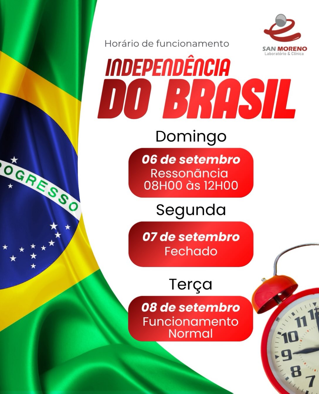 🇧🇷 HORÁRIO ESPECIAL — INDEPENDÊNCIA DO BRASIL
Neste 7 de setembro, em celebração ao Dia da Independência do Brasil, nossas unidades estarão fechadas.
Aproveite este feriado para descansar, recarregar as energias e curtir momentos especiais ao lado de quem você ama. 💚
E não se esqueça: cuidar da saúde também é uma forma de cuidar de si. ✨
#IndependênciaDoBrasil #7DeSetembro #HorárioDeFuncionamento #Saúde #CuidadoComAVida