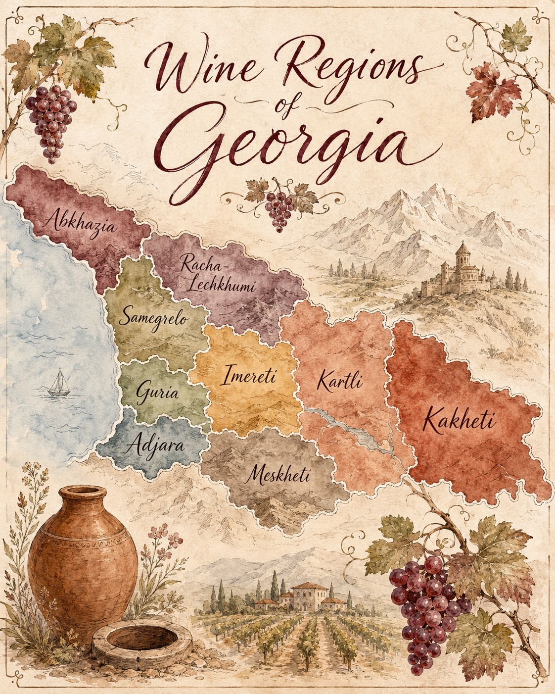 With over 8,000 years of winemaking history, Georgia is home to hundreds of native grape varieties and several distinct wine regions, each shaped by its own climate, landscape, soil and traditions 🍷
Kakheti is Georgia’s most famous wine region, known for bold Saperavi reds, Rkatsiteli, qvevri wines, Kindzmarauli, Mukuzani and Tsinandali.
Kartli is known for elegant whites and sparkling wines, with grapes such as Chinuri and Goruli Mtsvane.
Imereti produces fresh, expressive western Georgian wines, often made from native grapes like Tsitska, Tsolikouri and Krakhuna.
Racha-Lechkhumi is famous for mountain wines and naturally semi-sweet styles, including Khvanchkara and Tvishi.
Along the western side of Georgia, regions like Samegrelo, Guria and Adjara are home to rare native grapes, coastal influence and smaller-scale local wine traditions.
Then there are historic regions such as Meskheti and Abkhazia, each adding another layer to Georgia’s wine story.
What makes Georgian wine so special is that it is not just about grape varieties. It is about place, food, family, ancient qvevri winemaking and a culture where wine belongs at the table.
For wine lovers, Georgia offers something truly different: bold reds, textured amber wines, fresh whites, semi-sweet styles and native grapes you will not find on every shelf.
Which Georgian wine region would you most like to taste your way through first?
Abkhazia is historically recognised as part of Georgia’s wider viticultural landscape, especially within the Black Sea coastal wine zone. Its humid coastal climate, mountain backdrop and subtropical influence have traditionally supported aromatic regional wines and local styles, including names such as Lykhny, Apsny, Psou and Chegem.
Adjara lies along Georgia’s Black Sea coast, where sea breezes, mountain slopes and humid subtropical conditions shape the vineyards. Historically, it is part of Georgia’s coastal wine zone, with revived interest in native grapes and small-scale regional winemaking. Adjara is linked with fresh white styles, local varieties and mountain-influenced vineyard blends, making it one of the more exploratory regions for those interested in Georgi