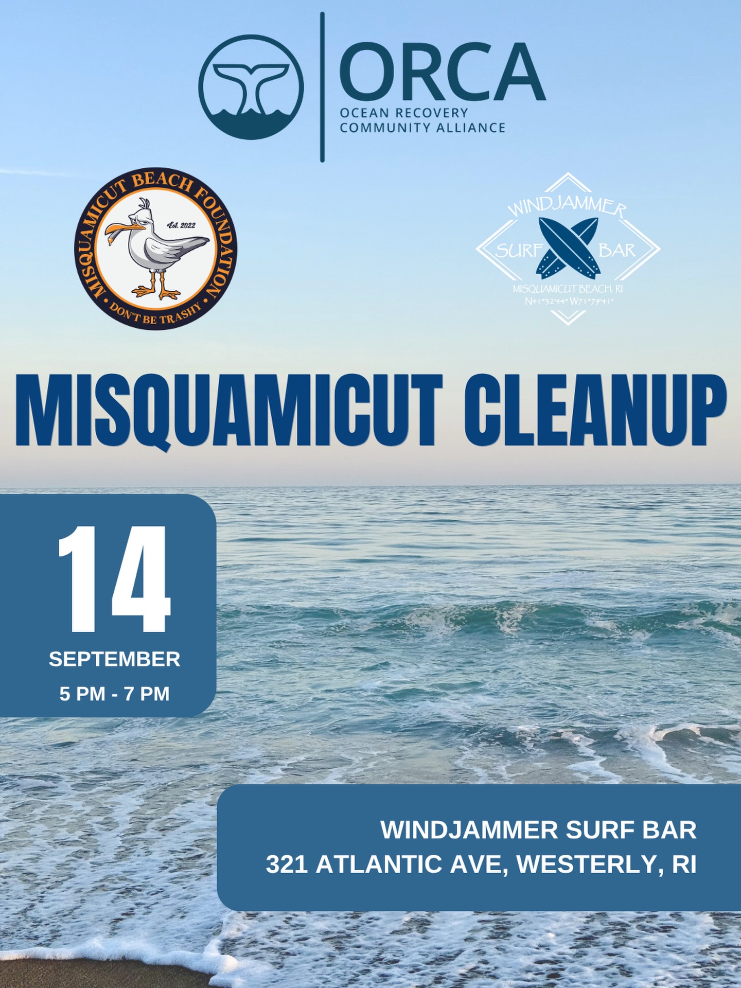 Join ORCA, the Misquamicut Beach Foundation, and our friends at the Windjammer on September 14th at 5 pm at the Windjammer in Misquamicut, RI for a beach cleanup!
All cleanup supplies will be provided. Link in bio to register.