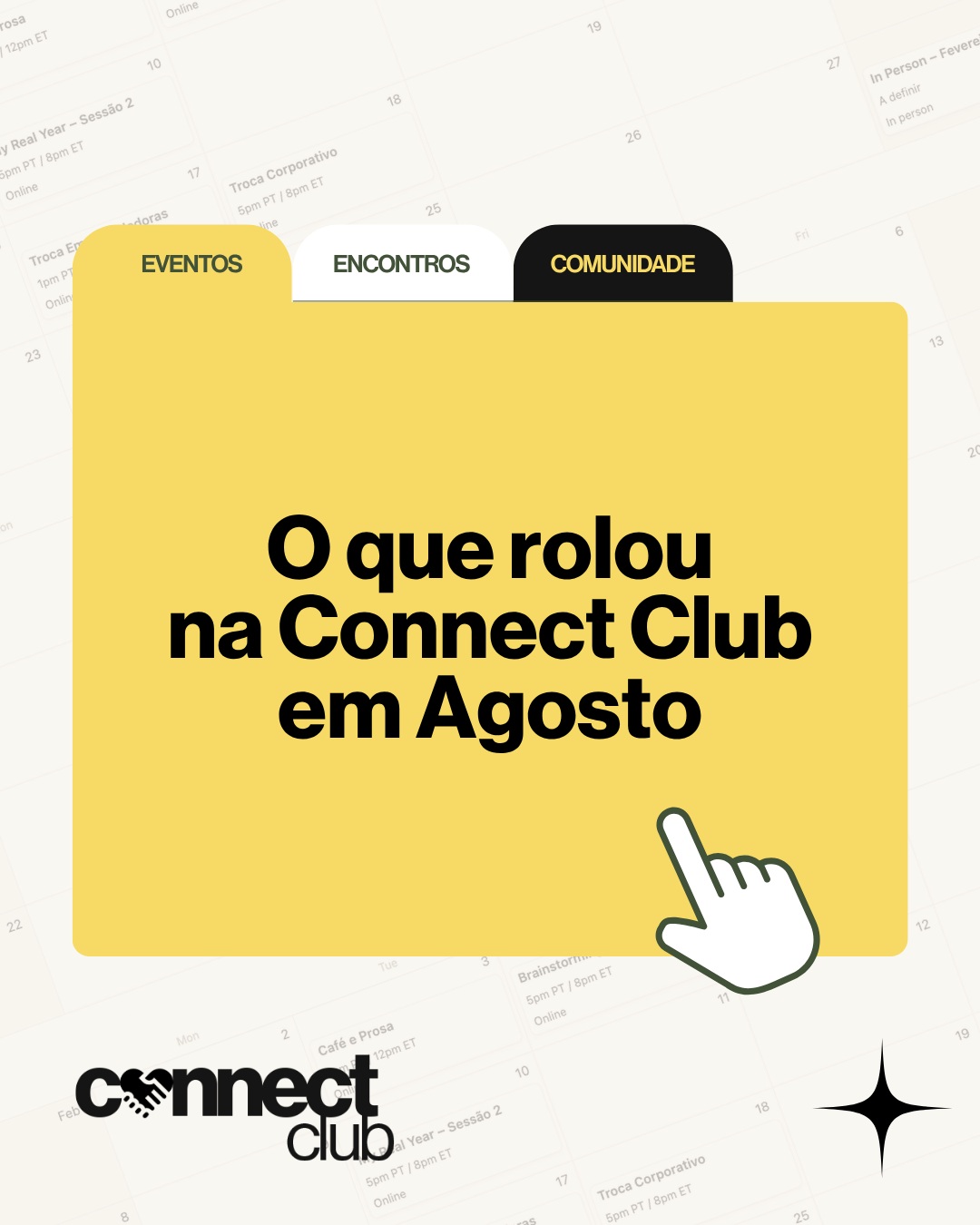 O que rolou na Connect Club em Agosto
🤝Boas vindas ao Ciclo 6 com as Clubbers
📝 Aprendendo sobre AI
🤝 Coaching em grupo
🧺 Picnic de início de Ciclo
Quer fazer parte da nossa comunidade?💛