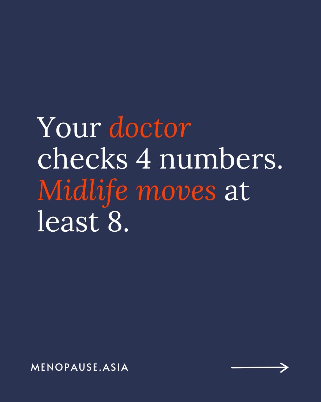 Your doctor checks about 4 numbers. Menopause moves at least 8.
Full blood count. Liver and kidney function. Glucose and HbA1c. A basic lipid profile. That’s a standard check-up — the same one you’d get at 25.
It’s not wrong. It’s just built to catch what’s already gone wrong, not what’s shifting right now.
Lipoprotein(a) is genetic and tested once, but it matters more as estrogen’s protective effect on cholesterol fades. Serum insulin moves years before glucose does. hs-CRP tracks inflammation that climbs through the transition. Prolactin gets mistaken for perimenopause symptoms it isn’t actually causing.
None of these sit on a standard panel. All of them sit on ours.
Core, Advanced and Comprehensive — 46 to 57 biomarkers, each paired with a 45-minute consult to walk you through what your results actually mean.
Comment “BIOMARKERS” and we’ll send you the details.
For educational purposes only. Not medical advice.
————————
We’re 𝗠𝗲𝗻𝗼𝗽𝗮𝘂𝘀𝗲 𝗔𝘀𝗶𝗮 -connecting you to licensed physicians for personalised menopause care, and supporting you with education and community.
💬 We believe no woman should have to navigate this alone.
#MenopauseAsia #SeenAtMidlife #MenopauseAwareness #WomensHealth #MidlifeHealth