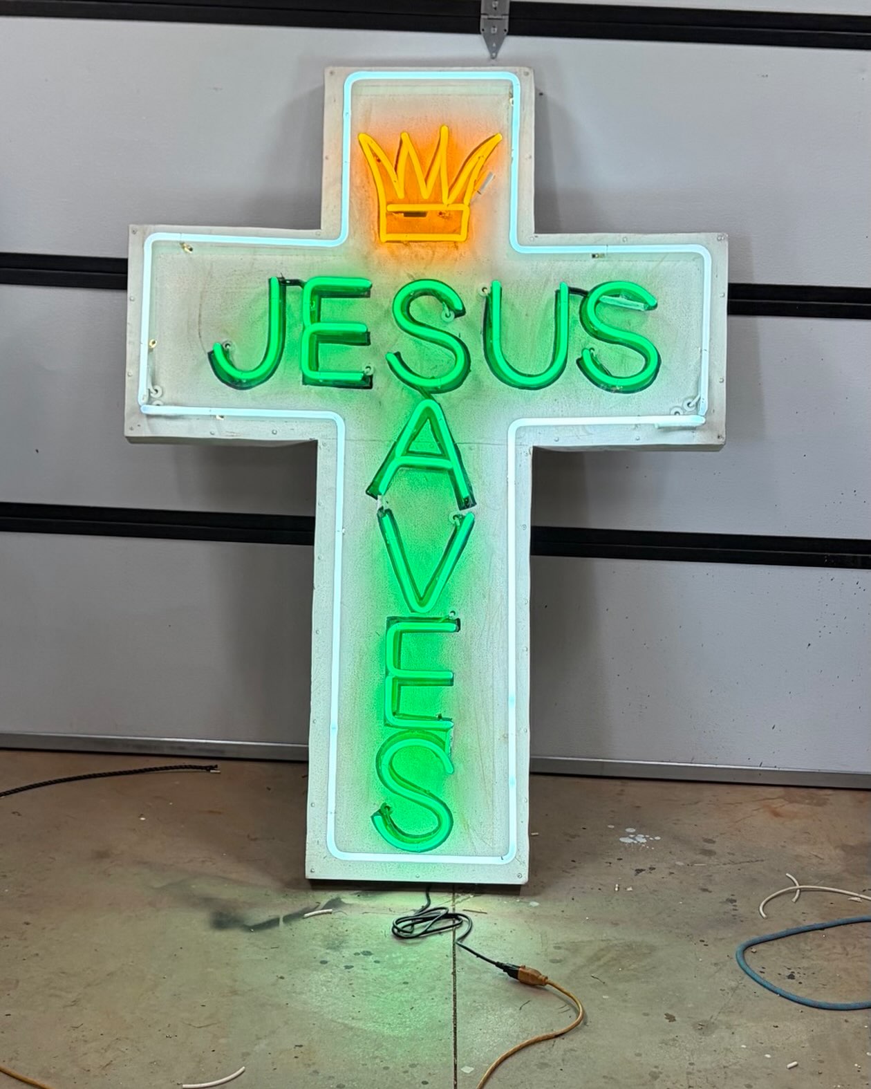 I was kinda slow and needed some work and my friend Matt from American Rust (really cool antique store in Salt Lake City) commissioned this. Praise the lord!!!!! 6’ high distressed sheet metal. Green gold and white neon. Brushed letters. I’ll probably water and rust it a bit before I deliver it.