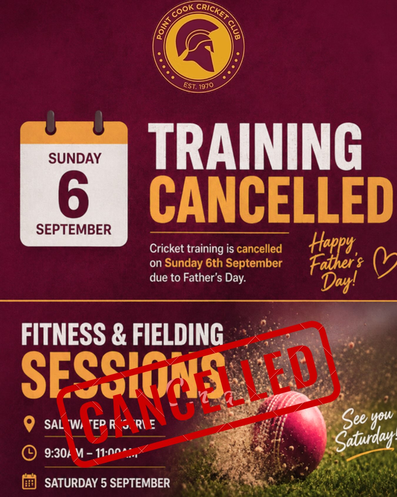 Men’s Senior outdoor fitness and fielding training is CANCELLED today due to the weather.
Enjoy the weekend off, Warriors💛❤️
We will see you all next week!
#Fitnessandfielding #PCCC #Warriors #PointCookCricketClub