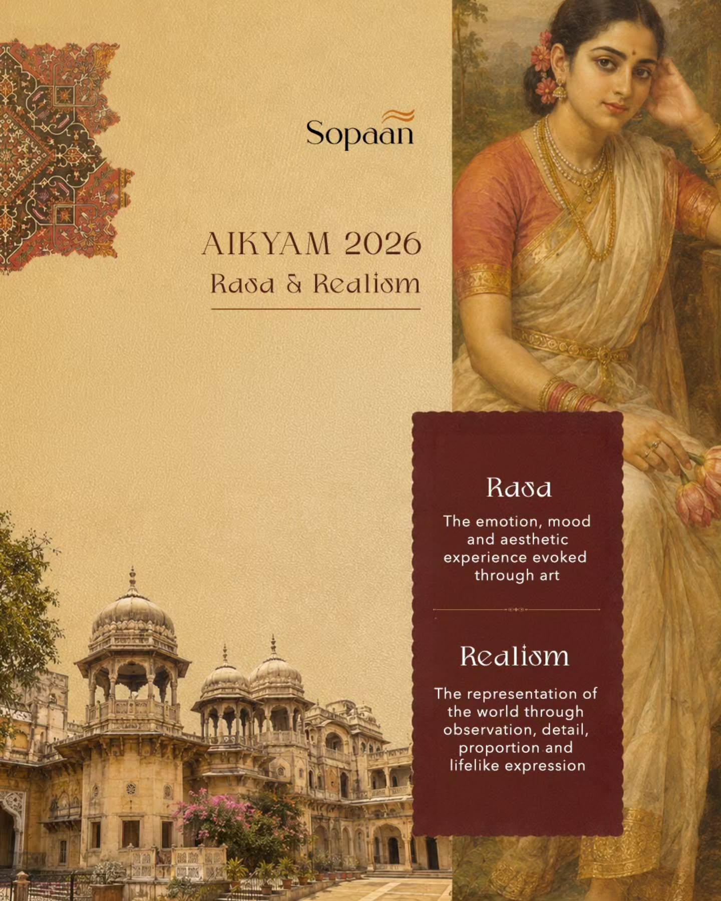 Where emotion meets precision. ✨
Set against the grandeur of Lukshmi Vilas Palace, this year’s edition explores Rasa & Realism through India’s diverse artistic traditions.
AIKYAM 2026: Rasa & Realism
📍 Lukshmi Vilas Palace | 9-11 October
#AIKYAM2026 #RasaAndRealism #LukshmiVilasPalace #Vadodara
AIKYAM 2026 theme, Raja Ravi Varma art, Lukshmi Vilas Palace Vadodara, Indian aesthetic experience