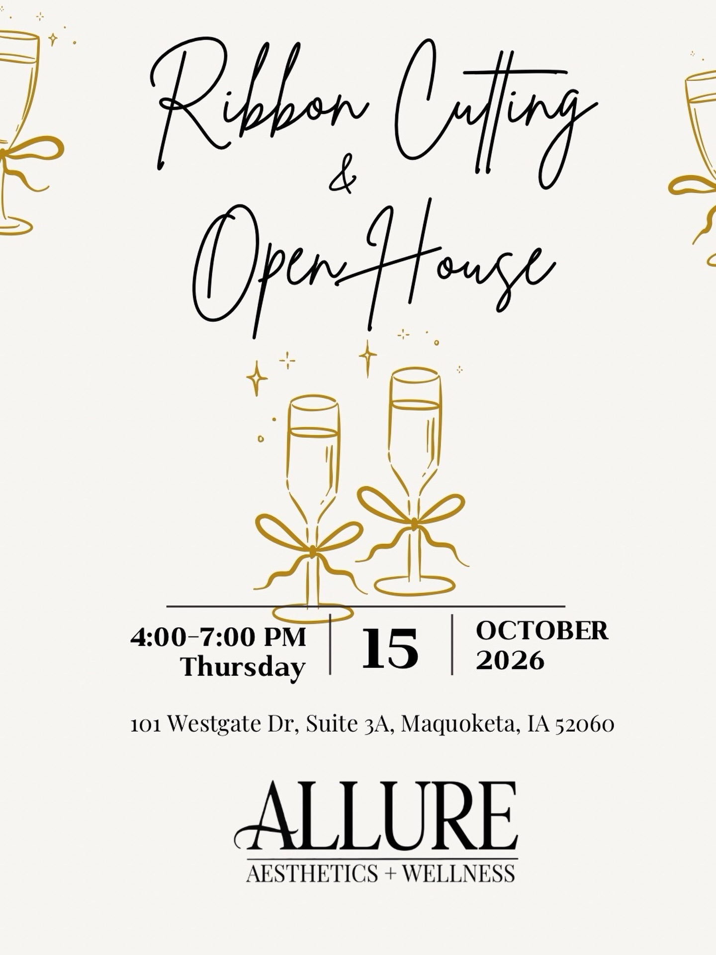 š„join us for our ribbon cutting and open house to celebrate the grand opening of Allure Aesthetics + Wellness!
Mark your calendar for Thursday October 15, 2026 4:00-7:00 PM.
.
It will be a night of champagne, charcuterie, giveaways and event only specials!
.
More details coming soon... be sure you're following along on socials and subscribed to our email list to be the first to find out!!
.
Allure Aesthetics + Wellness
š»www.allureaw.com
š 563-258-4698
š§ info@allure-dbq.com
š101 Westgate Dr, Suite 3A
Maquoketa, Iowa 52060
#maquoketa #openhouse #easterniowa #medspa #nurseinjector