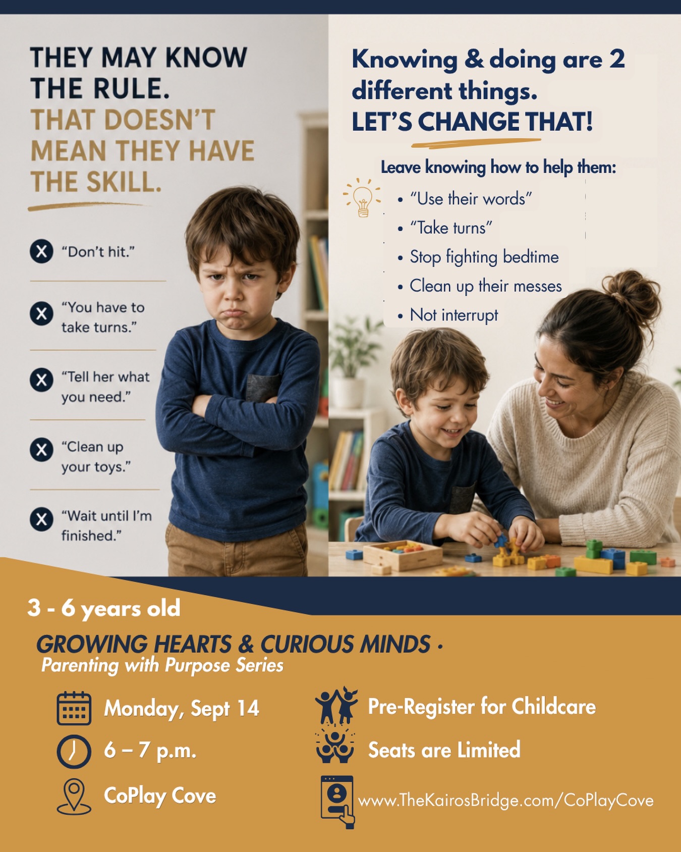 They know they’re supposed to take turns.
They know they shouldn’t interrupt.
They’ve heard “use your words” approximately 4,782 times. 😅
But knowing the rule and having the developmental skills to follow it in the moment are two very different things.
That’s where parenting can start to feel like one long cycle of reminding, correcting, and repeating yourself.
In Growing Hearts & Curious Minds, we’ll talk about what’s actually developing between ages 3–6—and how to move beyond simply telling children what to do to intentionally building the skills they need to do it.
Because behavior isn’t just something to correct. It’s a clue to what still needs to be taught.
Join us Monday, September 14 at CoPlay Cove for an hour of practical, developmentally grounded parenting tools you can actually use at home.
✨ Childcare available with pre-registration
✨ Seats are limited
Come learn how to turn everyday behavior into opportunities for growth.
#parenting #childdevelopment #coplaycove #parentclass #childbehavior
