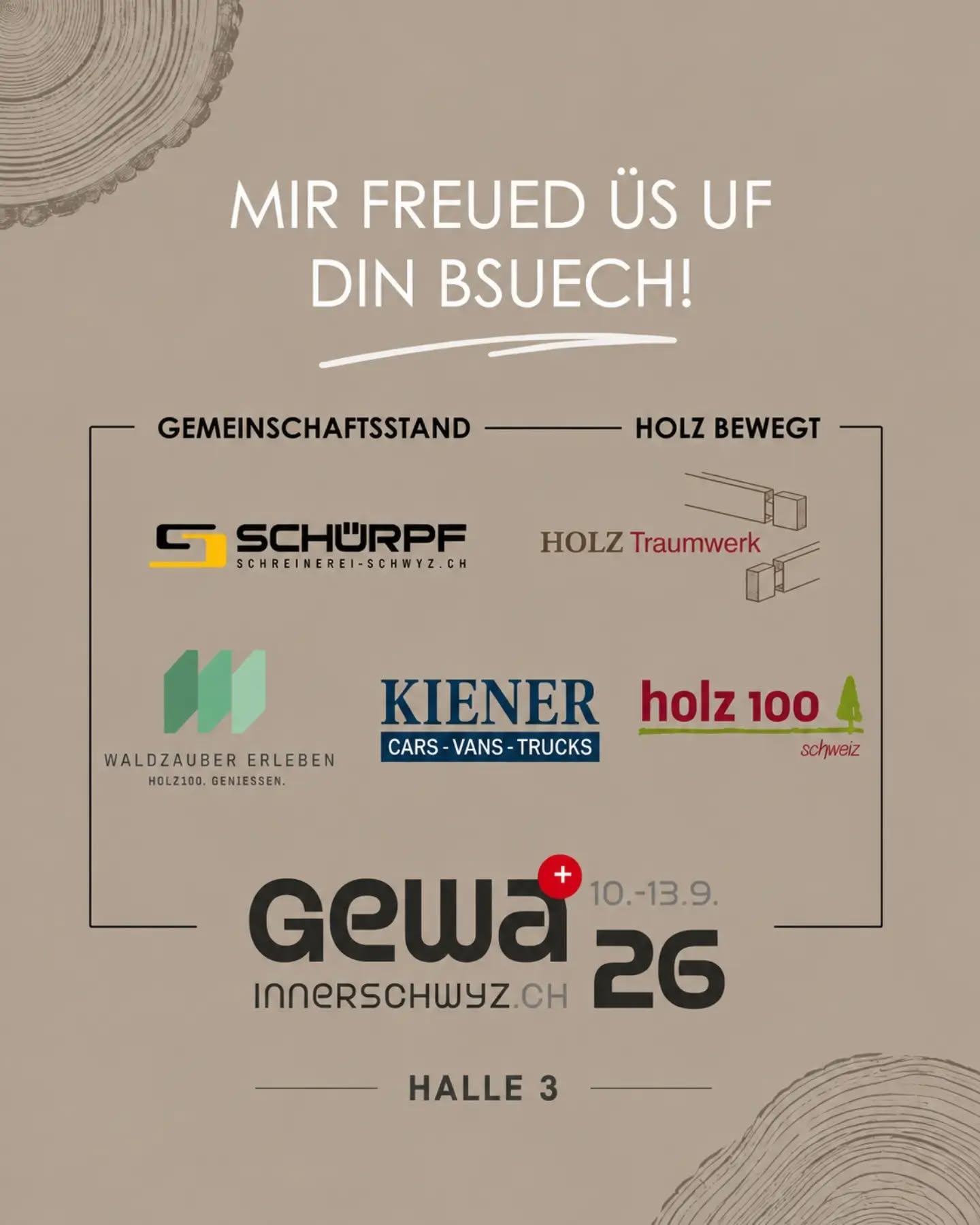 🪵 Mir freued üs uf din Bsuech!
Vom 10.–13. September 2026 sind mir mit üsem Gemeinschaftsstand «Holz bewegt» a de GEWA Innerschwyz debi.
Chum verbi, lern üs und üsi Firmä kenne und entdeck, was üs verbindet. 🙌
📍 Halle 3
Mir freued üs uf spannendi Begegnige, gueti Gspräch!
#gewa2026 #holzbewegt #innerschwyz #schwyz