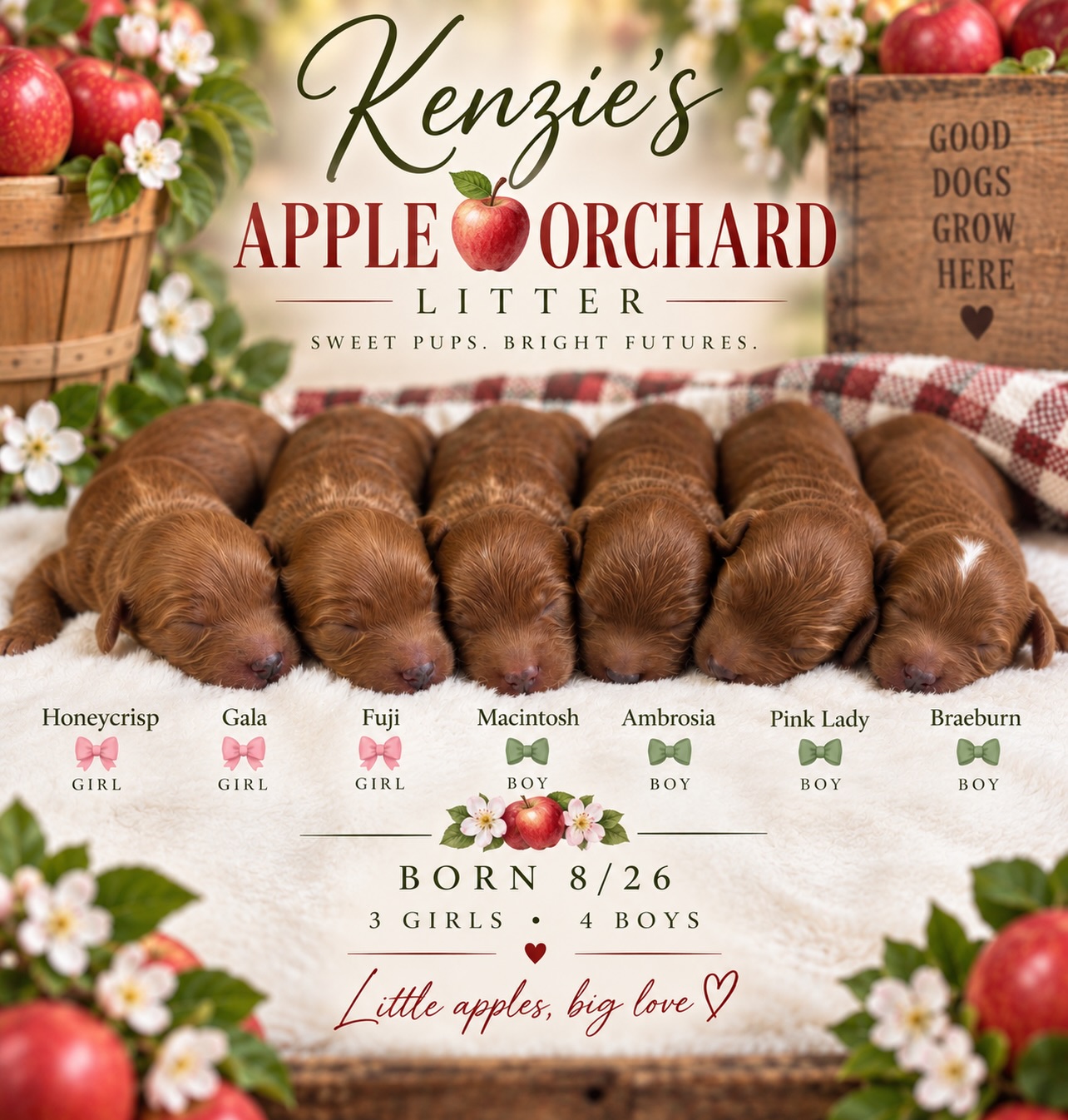 Kenzie’s Apple Orchard Litter is growing beautifully. 🍎
Honeycrisp, Gala, Fuji, Macintosh, Ambrosia, Pink Lady, and Braeburn are settling into their first days of life—mostly sleeping, nursing, and snuggling close to Kenzie and each other.
At this stage, their little world is still very simple. Their eyes and ears remain closed, and nearly all of their energy is going toward growing. We’re watching them fill out a little more each day, and Kenzie is doing a wonderful job caring for her babies.
Our 3 girls and 4 boys, born August 26, are already such a sweet little bunch. Over the next week or so, we’ll start seeing some exciting changes as their eyes begin to open and they become more aware of the world around them.
For now, life in the Apple Orchard is warm, quiet, and full of puppy cuddles.
