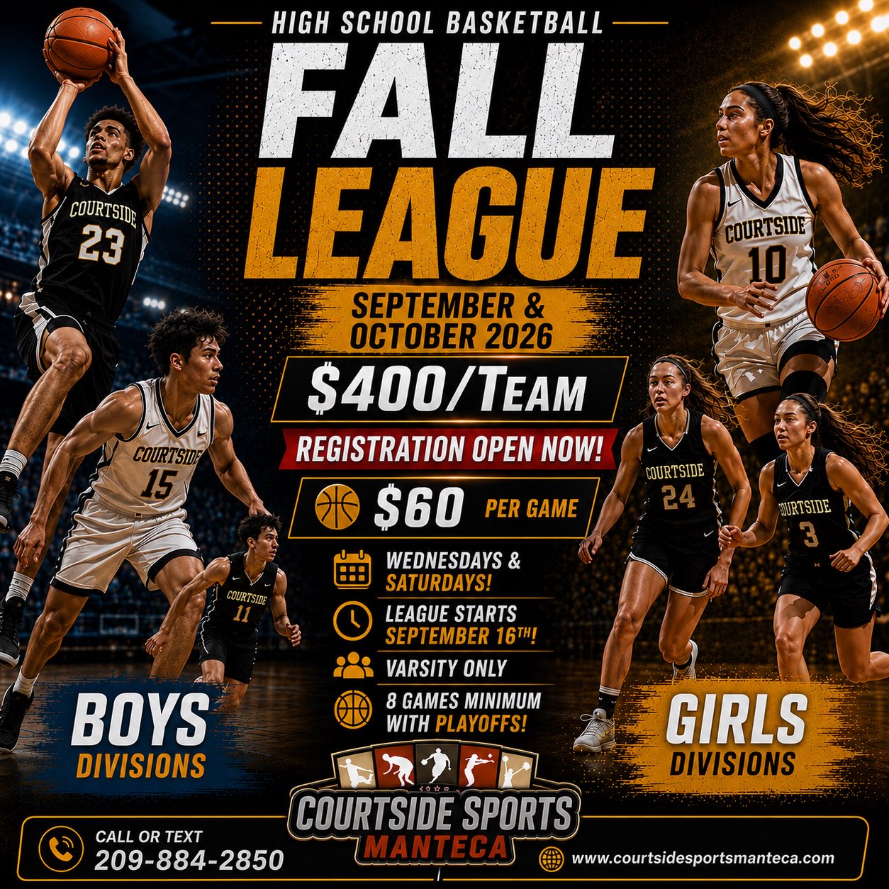 π HIGH SCHOOL FALL LEAGUE IS HERE! ππ₯
Courtside Sports Manteca is bringing competitive High School Basketball this September & October! Boys and Girls Varsity teams β get your squads ready and come compete! πͺπ½π
π
Wednesdays & Saturdays
π¨ League Starts September 16th!
π Varsity Only β Boys & Girls Divisions
π₯ 8-Game Minimum + PLAYOFFS!
π° TEAM OPTIONS:
π $400 per Team
π OR $60 per Game
Whether you want to lock in the full season or play by the game, weβve got an option for your team.
π Courtside Sports Manteca
π² Call or Text: 209-884-2850
π courtsidesportsmanteca.com
π¨ REGISTRATION IS OPEN NOW! Spots are limited β coaches, lock your team in and get ready for a competitive Fall season!
WHOβS TAKING THE FALL LEAGUE CHAMPIONSHIP? ππ
#CourtsideSportsManteca #FallLeague #HighSchoolBasketball #BasketballLeague #VarsityBasketball BoysBasketball GirlsBasketball CentralValleyBasketball MantecaBasketball 209Basketball Hoops BasketballSeason Playoffs MantecaCA