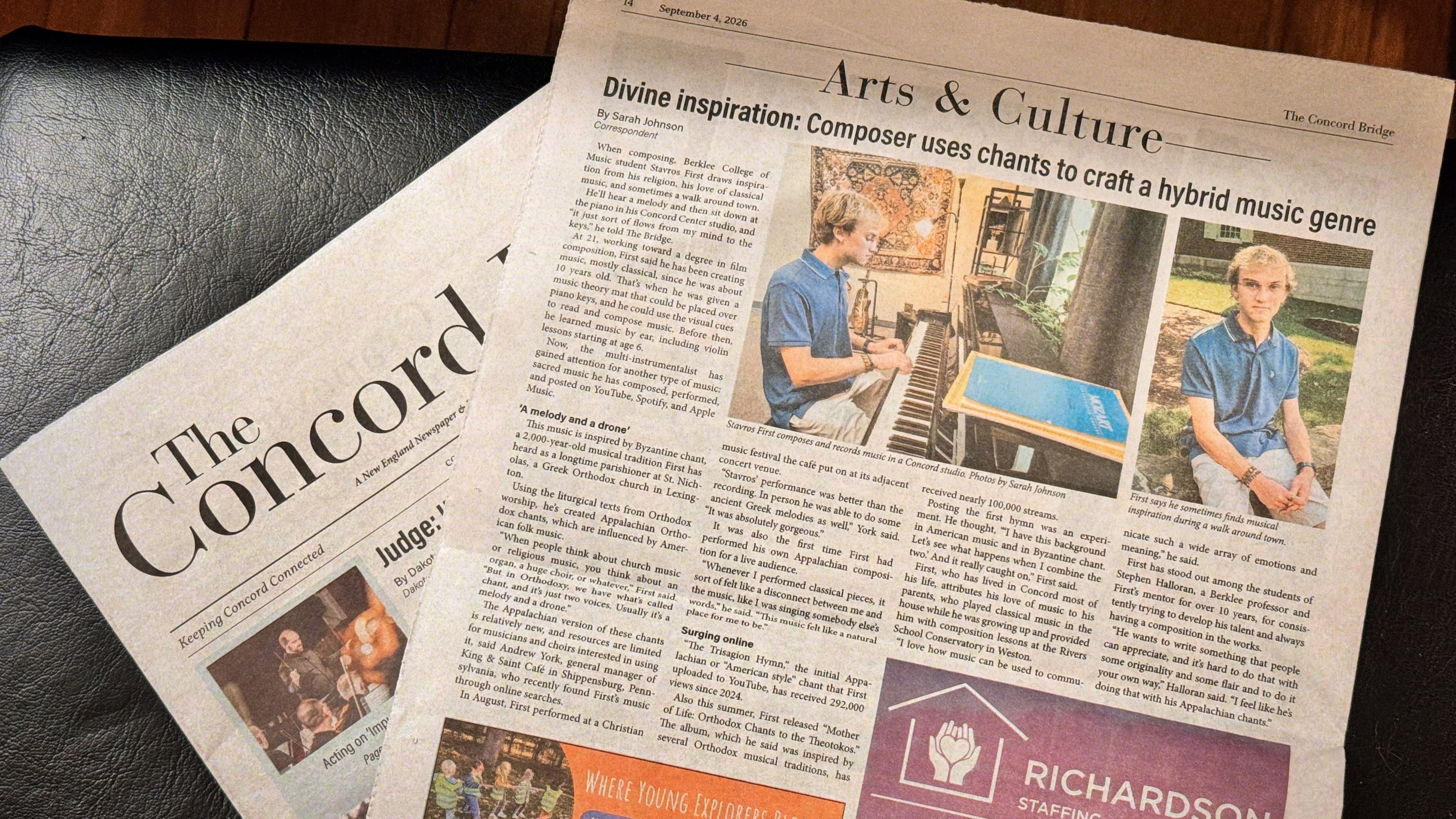Honored to be featured in today’s edition of @theconcordbridge Many thanks to Sarah Johnson for the wonderful article, and to Andrew York and Dr. Stephen Halloran for their kind words.
#concordma #orthodoxcomposer #musiccomposer