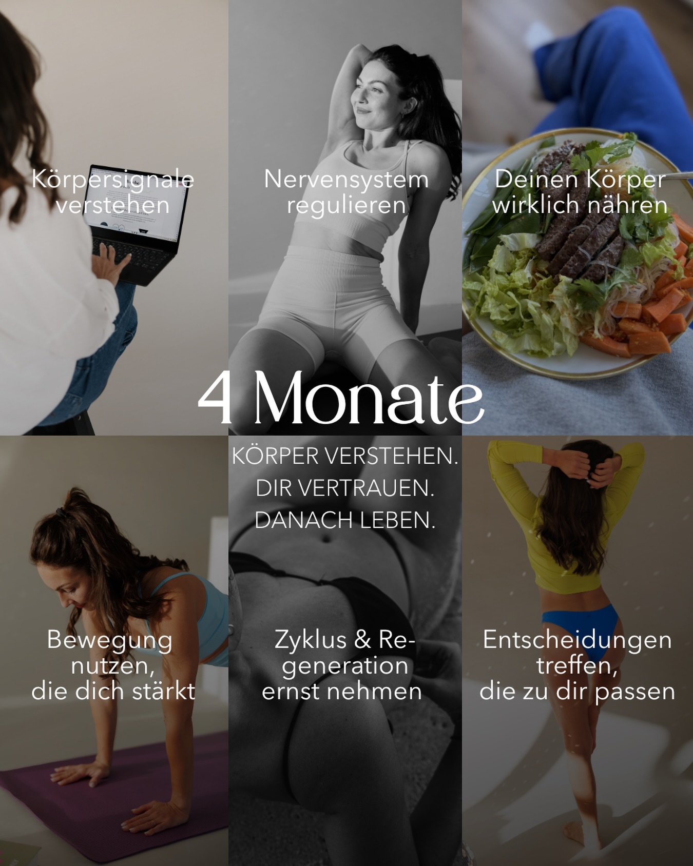 Vier Monate sind genau richtig, um eine Basis zu schaffen, die dich trägt.
Eine Basis, auf der dein Körper wieder Ressourcen hat🔋. Auf der du dich nährst, bewegst und regenerierst, weil es dir guttut.✨
Auf der deine Entscheidungen zu deinem Leben passen – und dein Leben sich wieder mehr nach dir anfühlt. 🤍
Denn Gesundheit bedeutet für mich nicht, dass dein Leben sich ständig um Gesundheit drehen muss.
Sie bedeutet, dass dein Körper genug Kapazität hat, dich durch dein Leben zu tragen.
Dass Energie da ist für das, was dir wichtig ist. Für Herausforderungen genauso wie für Leichtigkeit.
Für Arbeit, Familie, Beziehungen, Bewegung, Genuss, Pläne, spontane Tage – für Leben eben. ✨
Genau deshalb arbeite ich nicht nur mit Ernährung und nicht nur mit Bewegung.
Beides sind wichtige Bausteine meiner Arbeit. Dazu kommen Nervensystem, Zyklus, Regeneration, Körperwahrnehmung und die Frage:
Wer bist du (wirklich) & was brauchst eigentlich du? 🍋🟩
Denn wenn du und dein Körper ständig damit beschäftigt seid, irgendwie mitzuhalten, bleibt wenig Raum für alles andere.
Vier Monate können verdammt viel verändern, wenn du sie nicht dafür nutzt, dich noch besser nach außen zu optimieren, sondern dafür hinzuschauen und dein Fundament zu stärken.
Körper verstehen. Dir vertrauen. Danach leben. 🦋