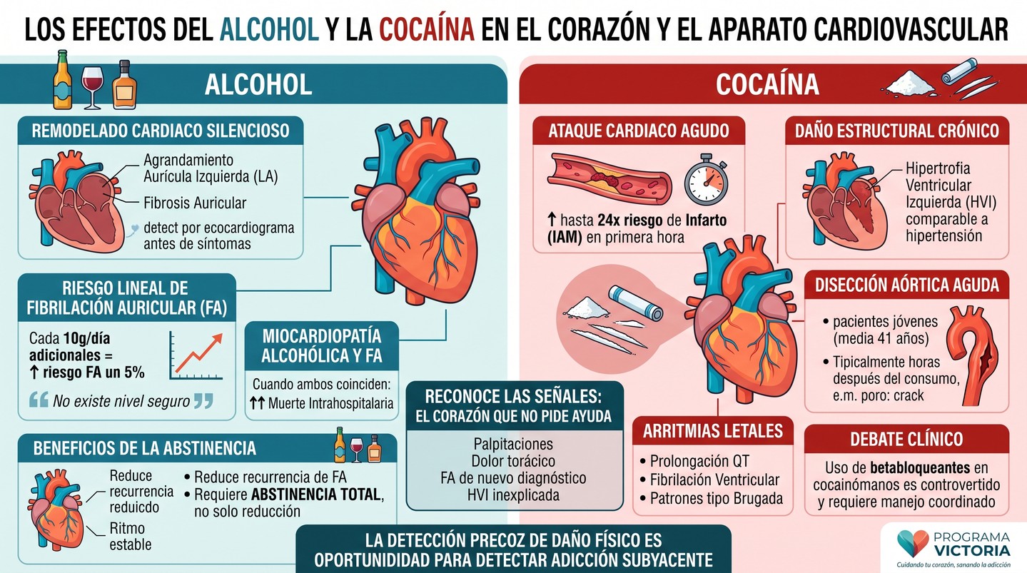 ¿Qué nos está diciendo el corazón cuando el paciente no habla de su consumo? Nosotros lo vemos: remodelación auricular, hipertrofia ventricular, arritmias que aparecen cuando nadie preguntó por alcohol o cocaína.
Hablamos desde la clínica y desde la experiencia: detectar consumo es una oportunidad terapéutica y una urgencia cardiológica. La evidencia muestra que incluso consumos moderados aceleran el daño y que, en fibrilación auricular, la abstinencia total mejora pronóstico donde reducir el consumo no basta. La cocaína, por su parte, puede provocar infarto o disección a edades inesperadas.
Si eres médico, psicólogo o familiar: preguntar por alcohol y cocaína ante una FA de nuevo diagnóstico, hipertrofia inexplicada o dolor torácico en pacientes jóvenes puede salvar vidas.
En Programa Victoria ofrecemos una vía discreta y efectiva para profesionales y directivos: un retiro intensivo de 10 días, grupos reducidos y un año de seguimiento para sostener la abstinencia. No es un reproche; es protección para el corazón que acaba de traer al paciente a consulta.
¿Quieres que te ayudemos a derivar a un paciente o a un familiar?
Busca el artículo en nuestro blog
Link in bio.
#saludcardiaca #adicciones #programavictoria #abstinencia #derivacionclinica #prevencion