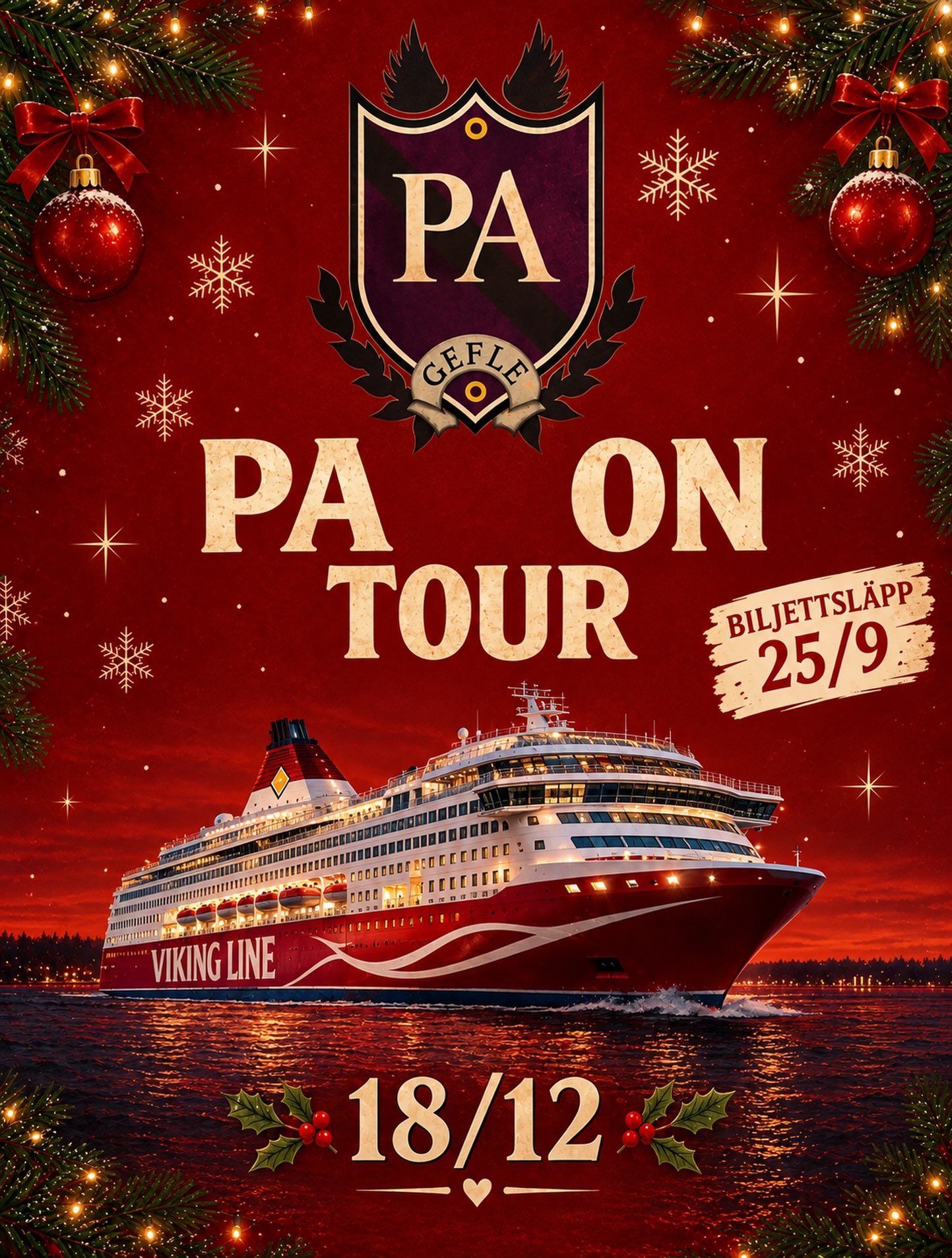 PA X GAVLECON ON TOUR - Viking Line
Vad passar bättre än att avsluta terminen med en julkryssning tillsammans? Ombord väntar julbord, hytt, dans och fest hela natten lång! 🕺🏻
Datum: 18-19 december
Biljetterna släpps 25/9 på Gavlecons Hitract där mer info finns, OBS begränsat antal! Först till kvarn gäller🚨
Vid frågor kontakta oss antingen via DM eller hör av er till någon i styrelsen💜