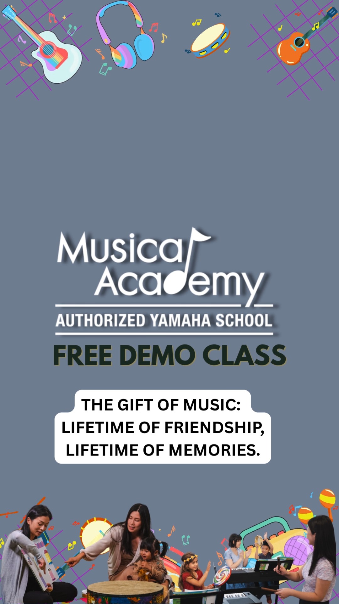 Give your child the gift of #music this #schoolsemester and come and take a #FREE #DEMOCLASS where they can learn to #listen, #sing, #play, #read and #compose music! Register on our website now to save your spots as spots are limited