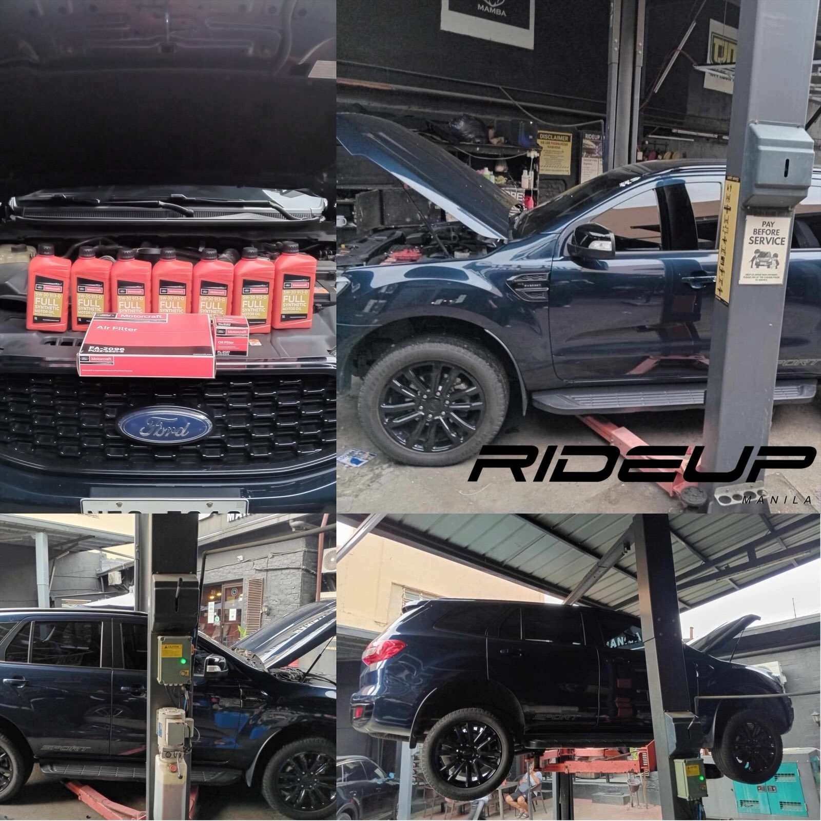 Ford Everest 2.0
🔵 RIDEUP Ford Motorcraft PMS Light
🔧 5W-30 Ford Motorcraft
🔧 FoMoCo oil filter
🔧 FoMoCo air filter
🔧 Aircon / cabin filter cleaning
🔧 top up Trofeo coolant
🔧 Brake cleaning
🔧 25-point preventive maintenance and safety inspection
🔧 Free premium carwash
🔧 Free zerobac
RIDEUP MANILA
108 President's Avenue BF Homes, Paranaque
09178880947
0276161888
www.rideupmanila.ph
support@rideupmanila.ph
Waze: RIDEUP MANILA BF Paranaque
Operating hours: 7AM to 10PM - Mondays to Sundays
#FordEverest #RUM #RideUpManila #rideupfordmotorcraftpmslight #gettingahead
