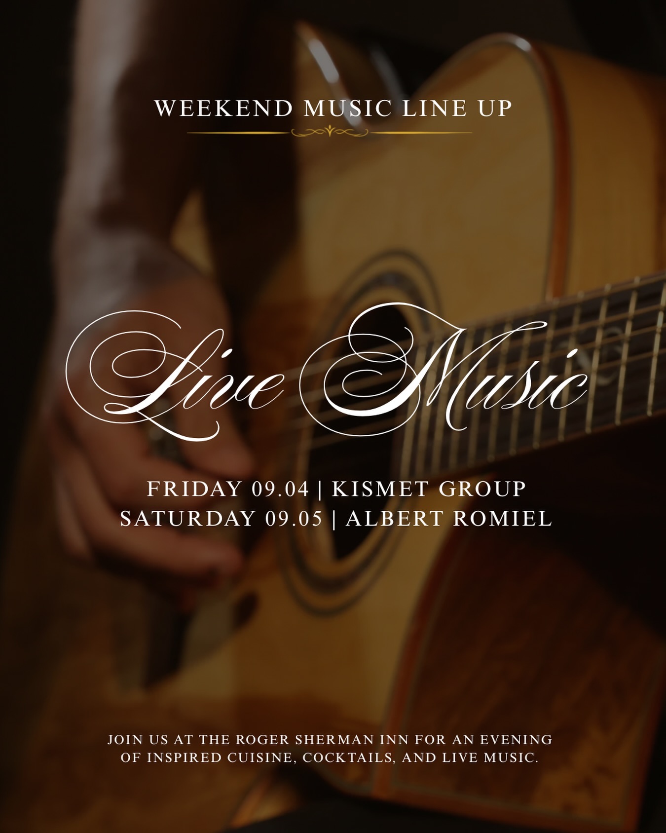 Where exceptional dining meets the perfect soundtrack.
Spend your weekend at The Roger Sherman Inn with dinner, cocktails, and live music in an intimate setting.
Friday — Kismet Group
Saturday — Albert Romiel
Reservations recommended.
#NewCanaan #LiveMusic #CTEvents #CTRestaurants #CTliving