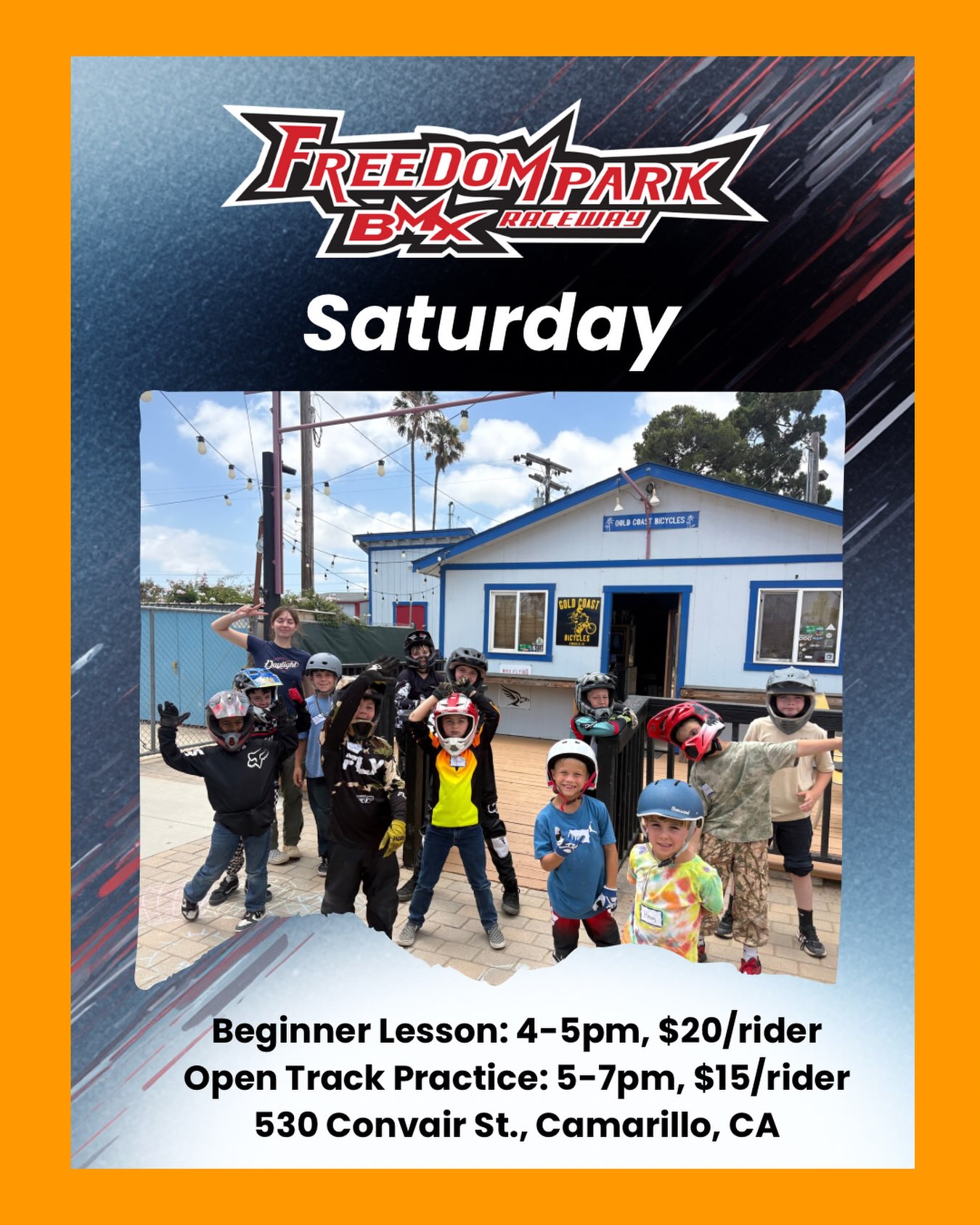 Saturday at Freedom Park BMX!
Beginner lesson: 4-5pm, $20/rider. Includes open track after the lesson.
Open track practice: 5-7pm, $15/rider.
Riders need their own bike in good working condition, closed toed shoes, and a helmet. No training wheels, pegs, or e-bikes.
See you at the track!
#freedomparkbmx #camarillo #venturacounty #kidsactıvıtıes #bmx