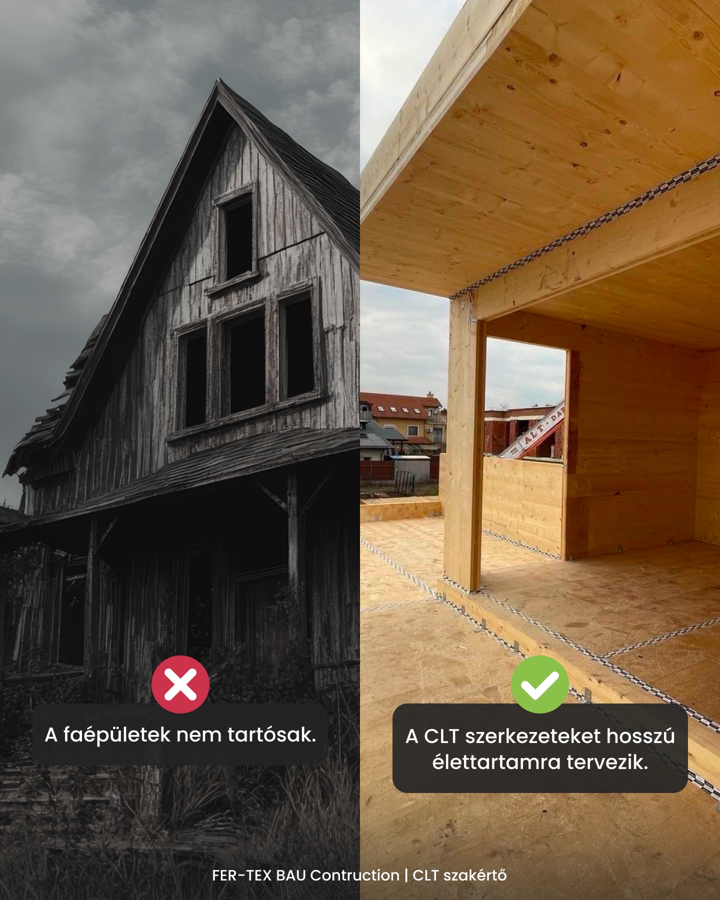 ❌ Mítosz: „A faépületek nem elég tartósak.”
✅ Tény:
A modern CLT szerkezetek élettartamát évtizedekre, sőt akár több generációra tervezik. A megfelelő tervezéssel és kivitelezéssel a CLT épületek ugyanolyan tartós és biztonságos szerkezetet nyújthatnak, mint a hagyományos építési rendszerek.
A CLT nem a régi faházak technológiája – egy korszerű, nagy teherbírású építőanyag, amelyet világszerte egyre több társasház és középület kivitelezésénél alkalmaznak.
A FER-TEX BAU Construction azért hisz a CLT-ben, mert a fenntarthatóság mellett hosszú távon is értékálló megoldást kínál a beruházók és az építtetők számára.
Te milyen építőanyagot tartasz a jövő egyik meghatározó megoldásának?
---
#fertexbau #construction #clthome #generálkivitelezés #generalconstruction #home #otthon #felújítás #építkezés #architecture #house #building #környezetbarát #fenntarthatóság