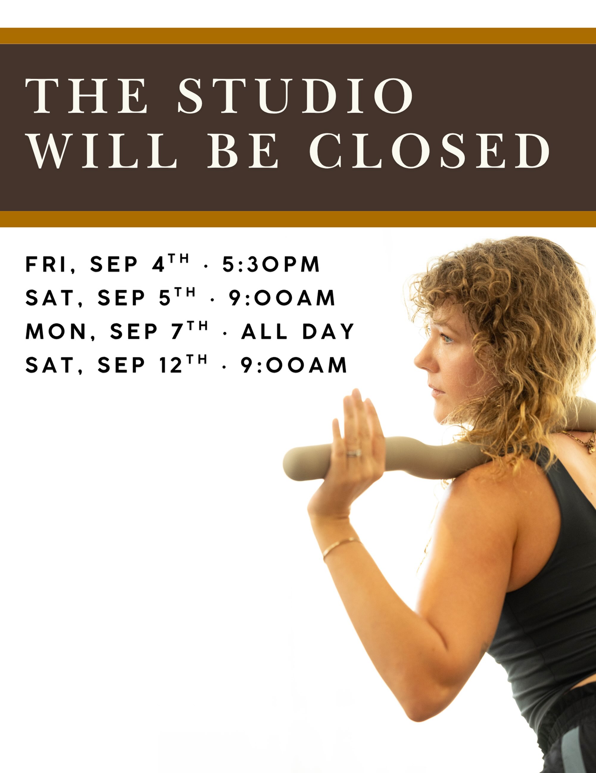 Don’t miss our Studio Closure dates for September!
Saturday, Sep 12th In-Studio is canceled BUT we will be hosting a free mat class at Gear Head Outfitters on 5th and Main Street.