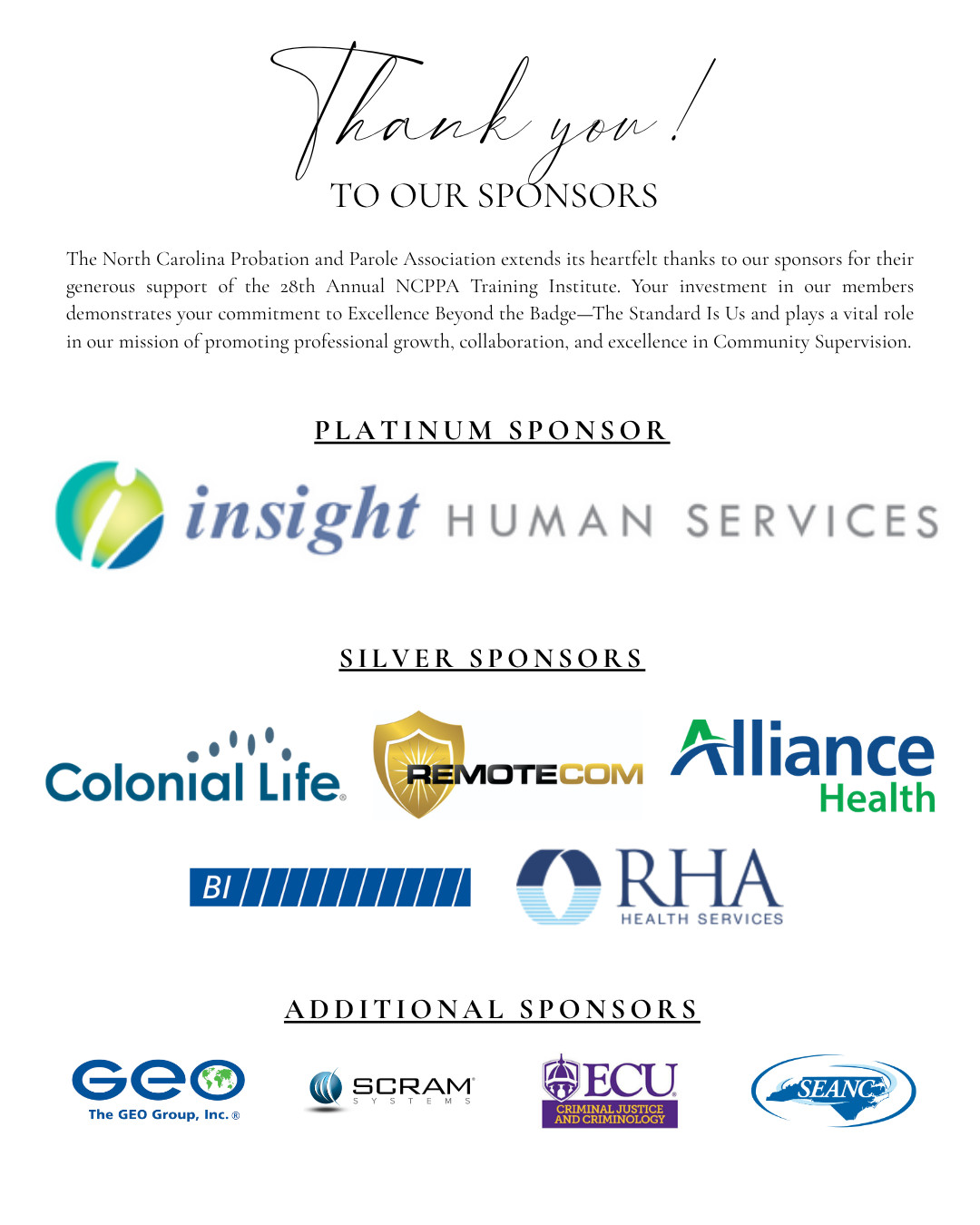 Thank you to our amazing sponsors for making the NCPPA Training Institute possible! 🤝✨
Events like this simply wouldn't be possible without the generous support, commitment, and partnership of our sponsors. Your investment in our community, our agency, and the professional growth of our field makes a direct impact on public safety across North Carolina.
Please join us in extending a huge thank you to every sponsor featured on our banner! 👏👏
Check out the full sponsor lineup in the graphic below! 📸👇
#NCPPA #TrainingInstitute #NCPPASponsors #PartnersInSafety #CommunitySupervision #NorthCarolina #NCDAC #PublicSafety #ThankYou #LeadershipInAction
