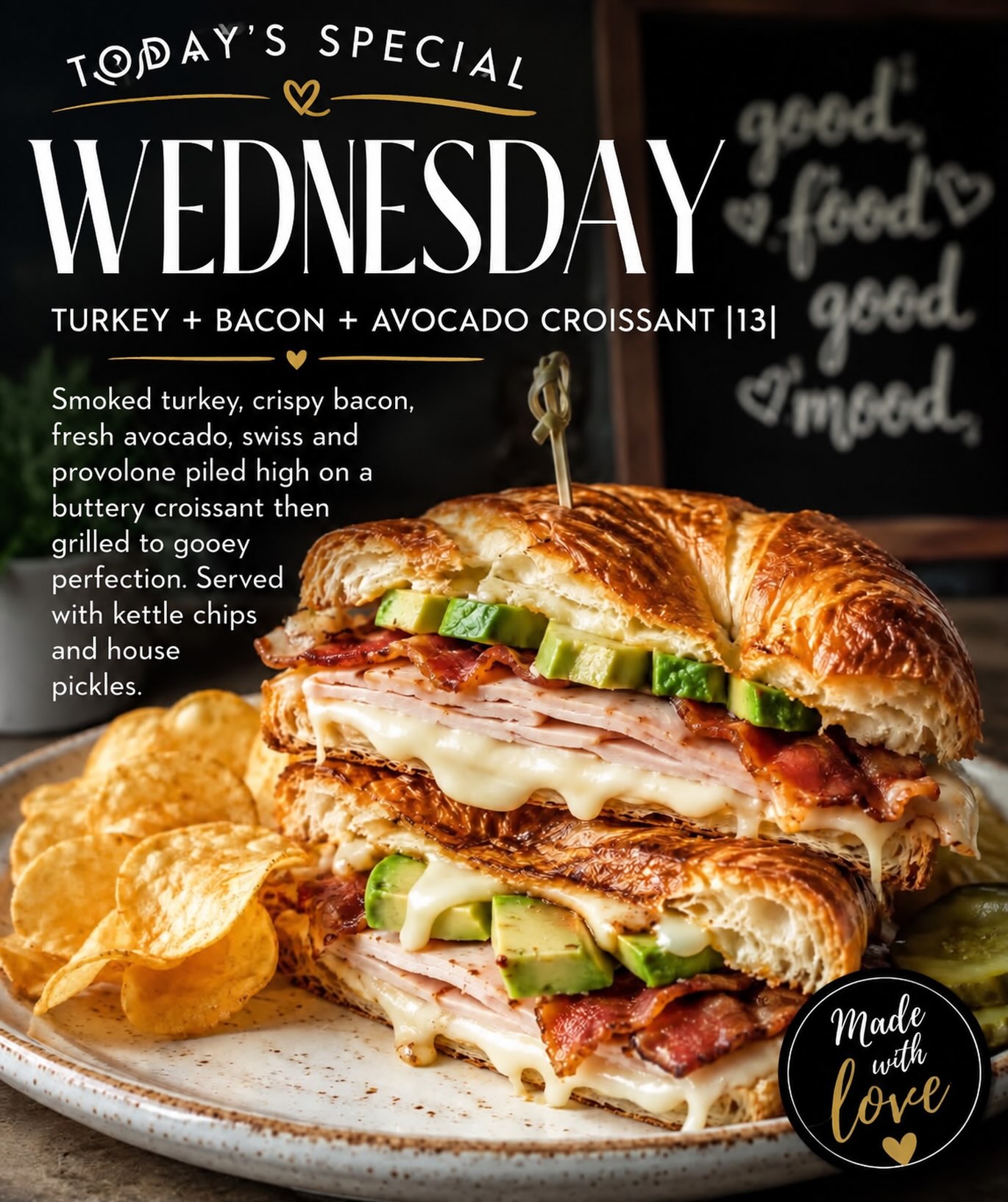 🥐🥑 WEDNESDAY JUST GOT DELICIOUS! 🥓🧀
Our Turkey + Bacon + Avocado Croissant is stacked, melty, buttery & grilled to perfection! 🤤🔥 Served with kettle chips + house pickles. 💕🥒
Come get your Wednesday lunch fix! 😍
#DessertByMommaCakes #WednesdaySpecial #CroissantLove #LunchGoals #FairfieldTX