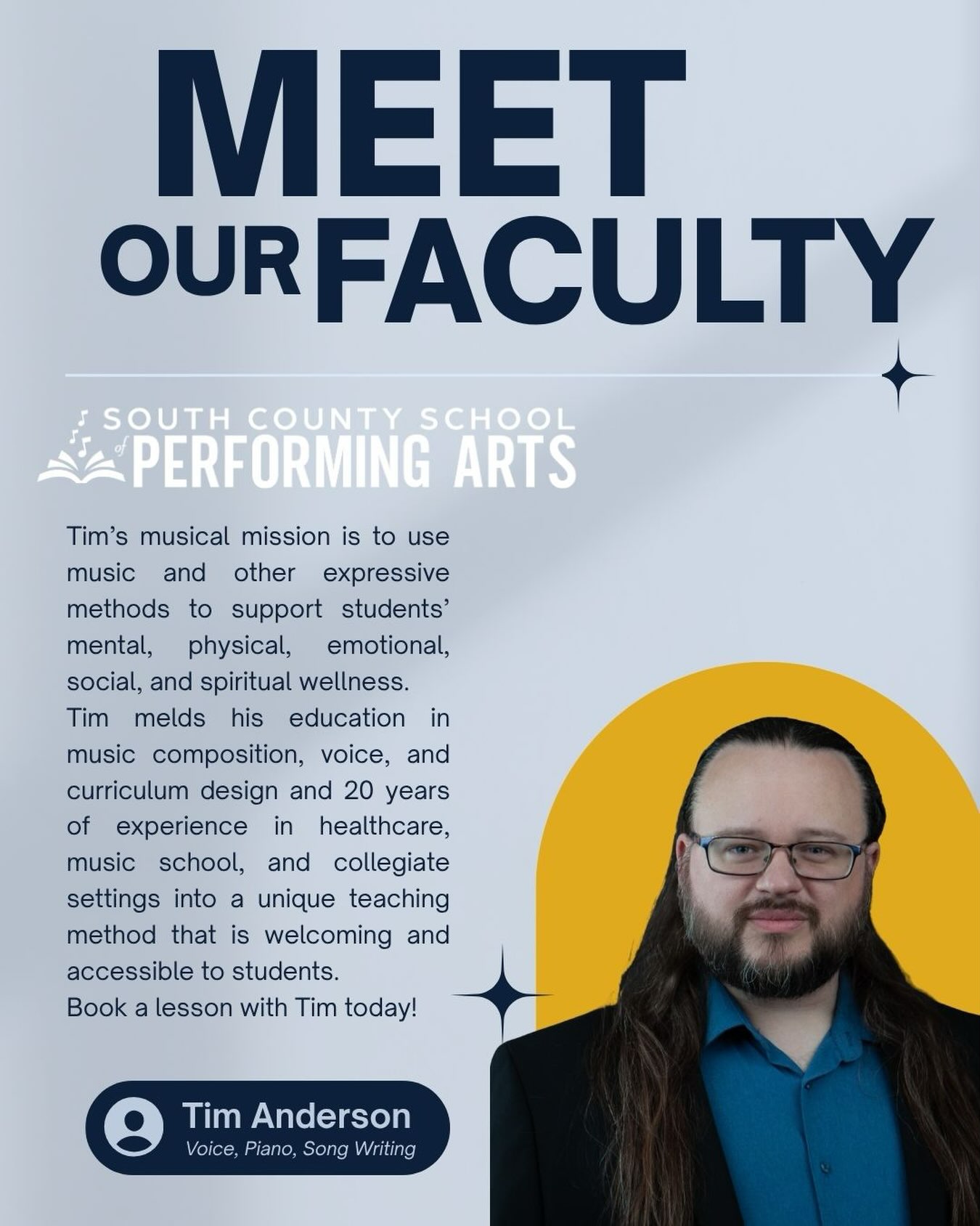 Meet Tim Anderson, new faculty member at SCSPA! Book a lesson with Tim with open availability on Tuesdays in Wickford for lessons in voice, piano, and songwriting. Text us at (401) 267-2079 or online at https://www.scschoolofperformingarts.com/