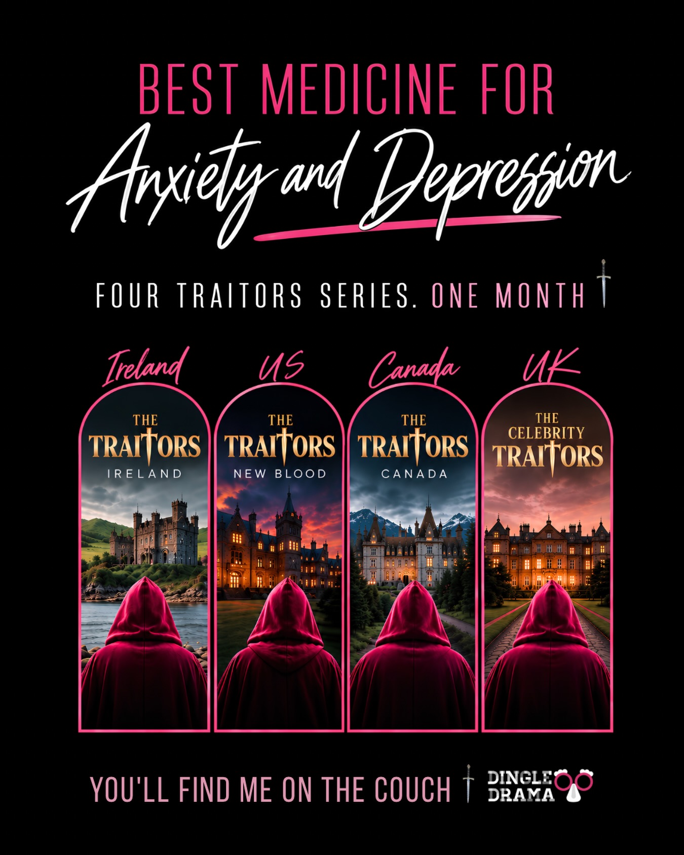 It’s my favorite dopamine boost 🧠🩷 — and I’m getting four hits over and over with The Traitors this month.
🗡️ Treachery, murder, and banishments — that’s what keeps me going. Oh! And the incredible hosts! 👏 WOW. I’m learning to hone my hosting skills from them. 🎤
🏰 It’s my escape from dealing with so much anxiety, stress, a plethora of depressive episodes, and so many doctor’s visits.
Reality TV heals sometimes. 📺
🇮🇪 🇺🇸 🇨🇦 🇬🇧
#TheTraitors #TraitorsFans #RealityTV #RealityTVAddict #dopamineboost